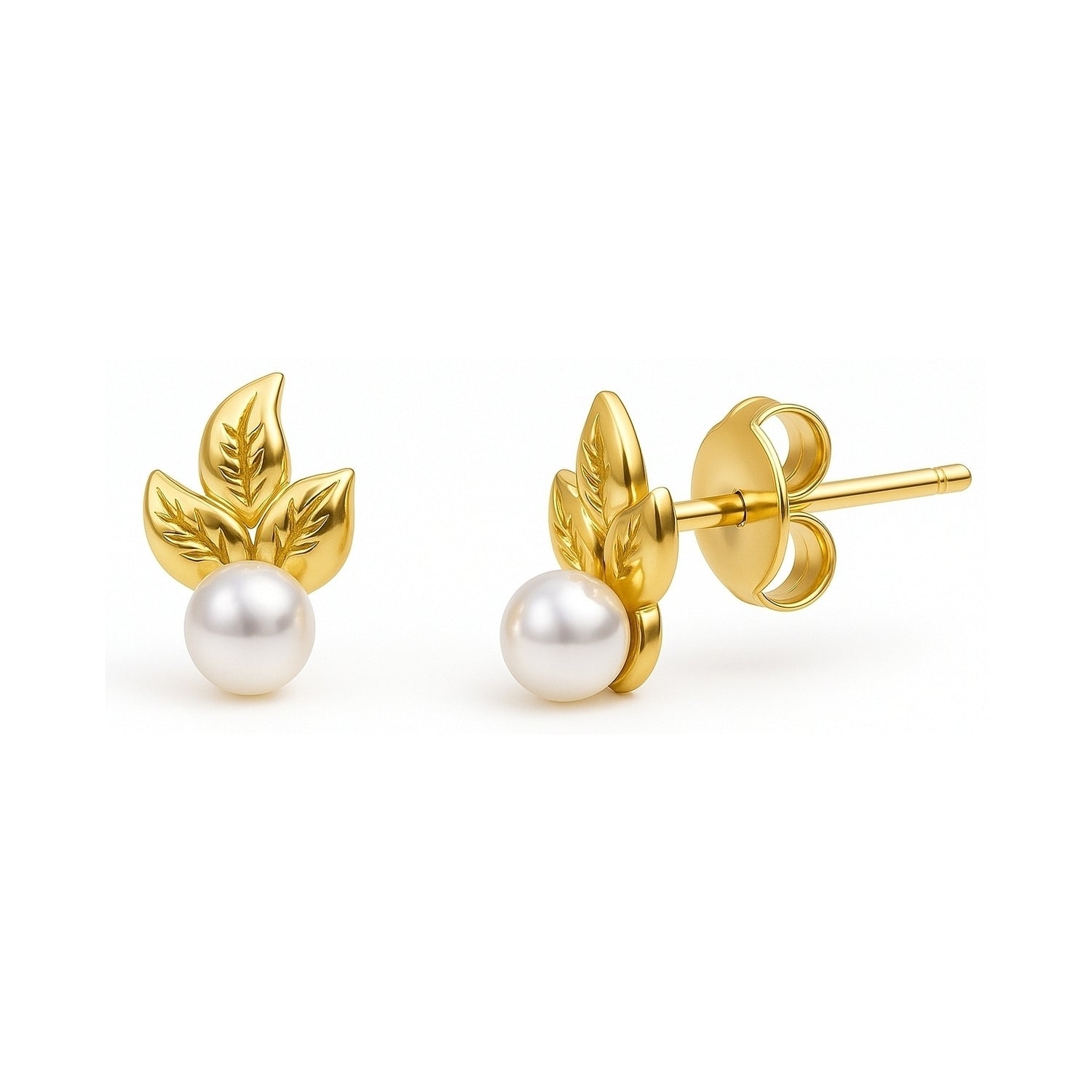 Leaf Imitation Pearl Stud Earrings in Sterling Silver, Yellow Gold Flashed