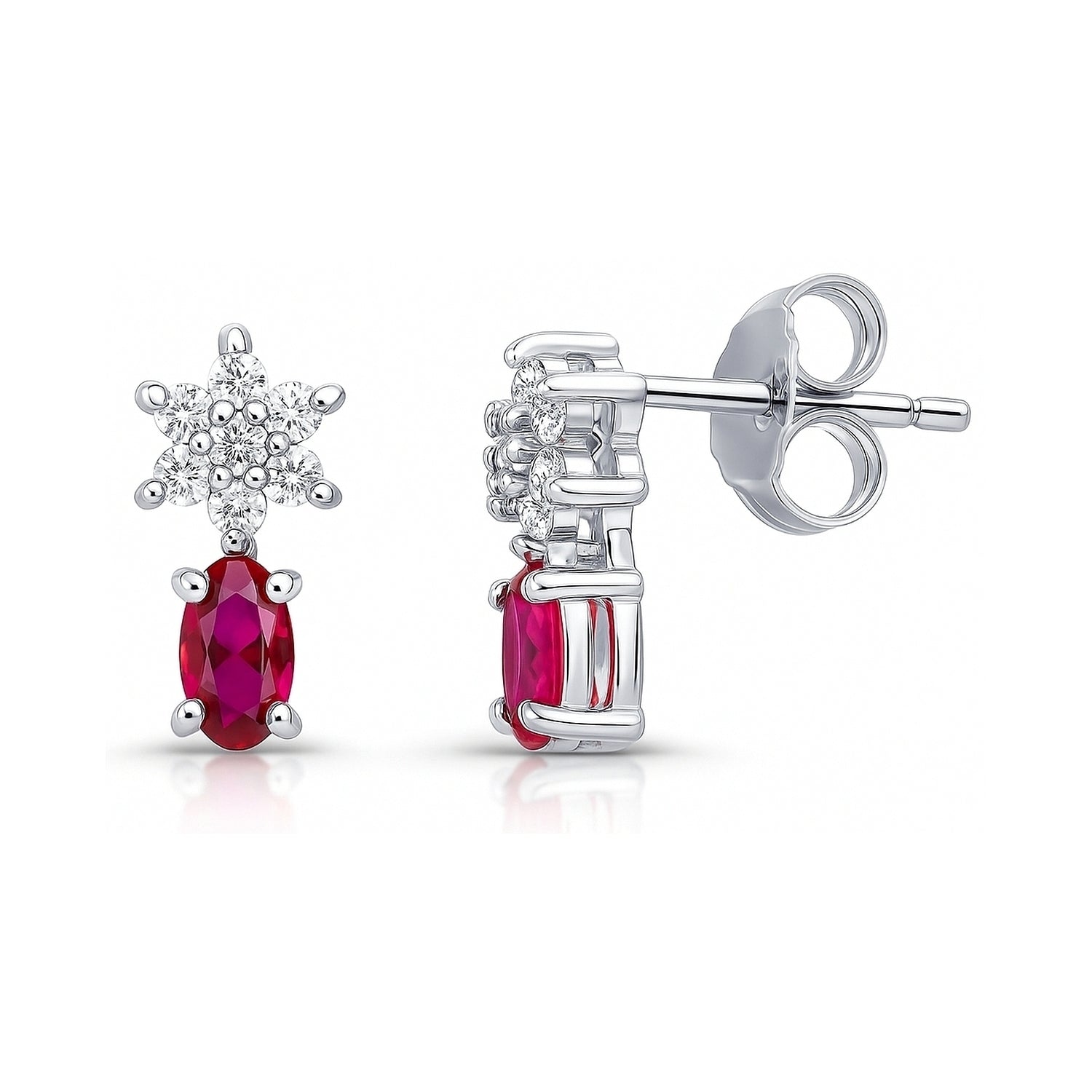 Flower Ruby-Red CZ Stud Earrings in Sterling Silver
