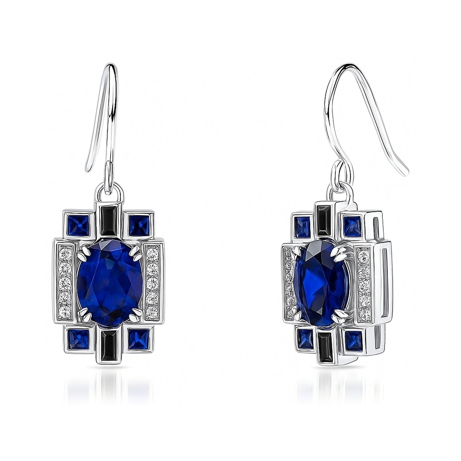 Art Deco Sapphire-Blue CZ Fish Hook Earrings in Sterling Silver