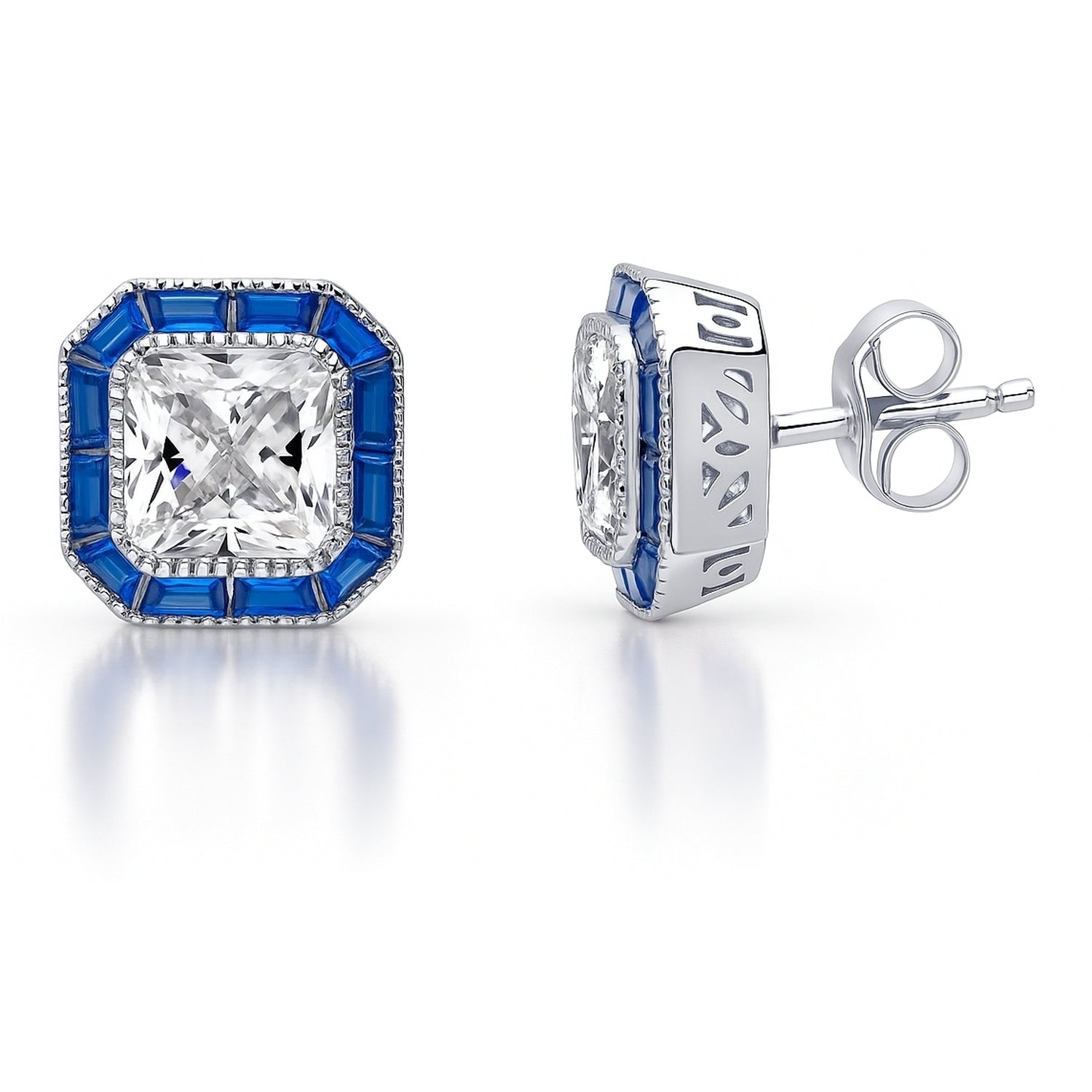 Halo Art Deco Milgrain CZ Stud Earrings in Sterling Silver