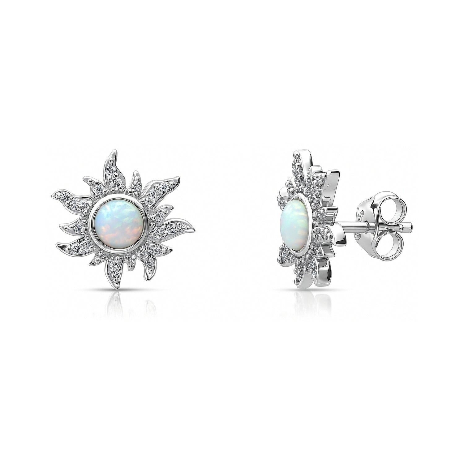 Sun Sunburst Halo Opal-White CZ Stud Earrings in Sterling Silver, Rhodium Plated