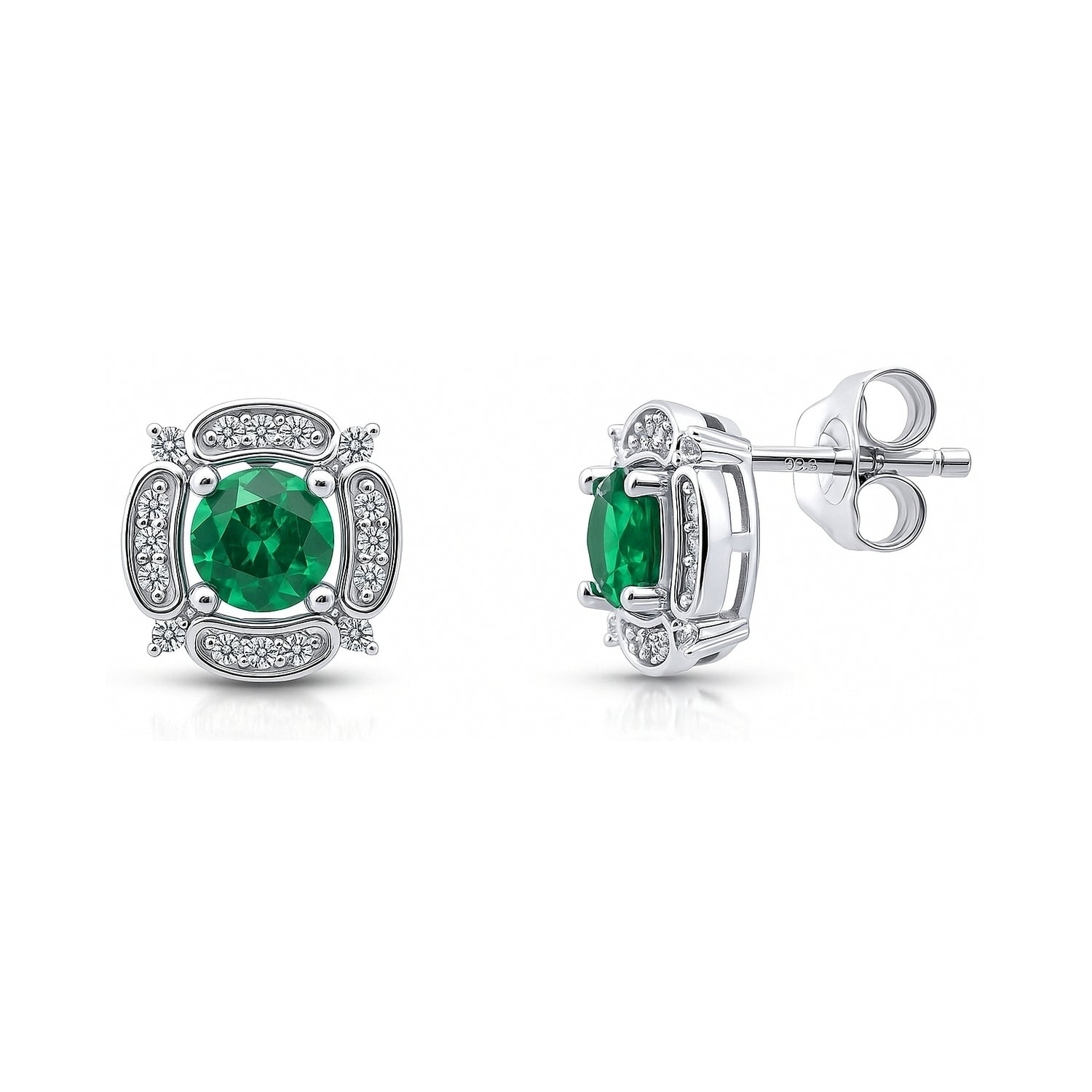 Flower Halo CZ Stud Earrings in Sterling Silver, Emerald Color