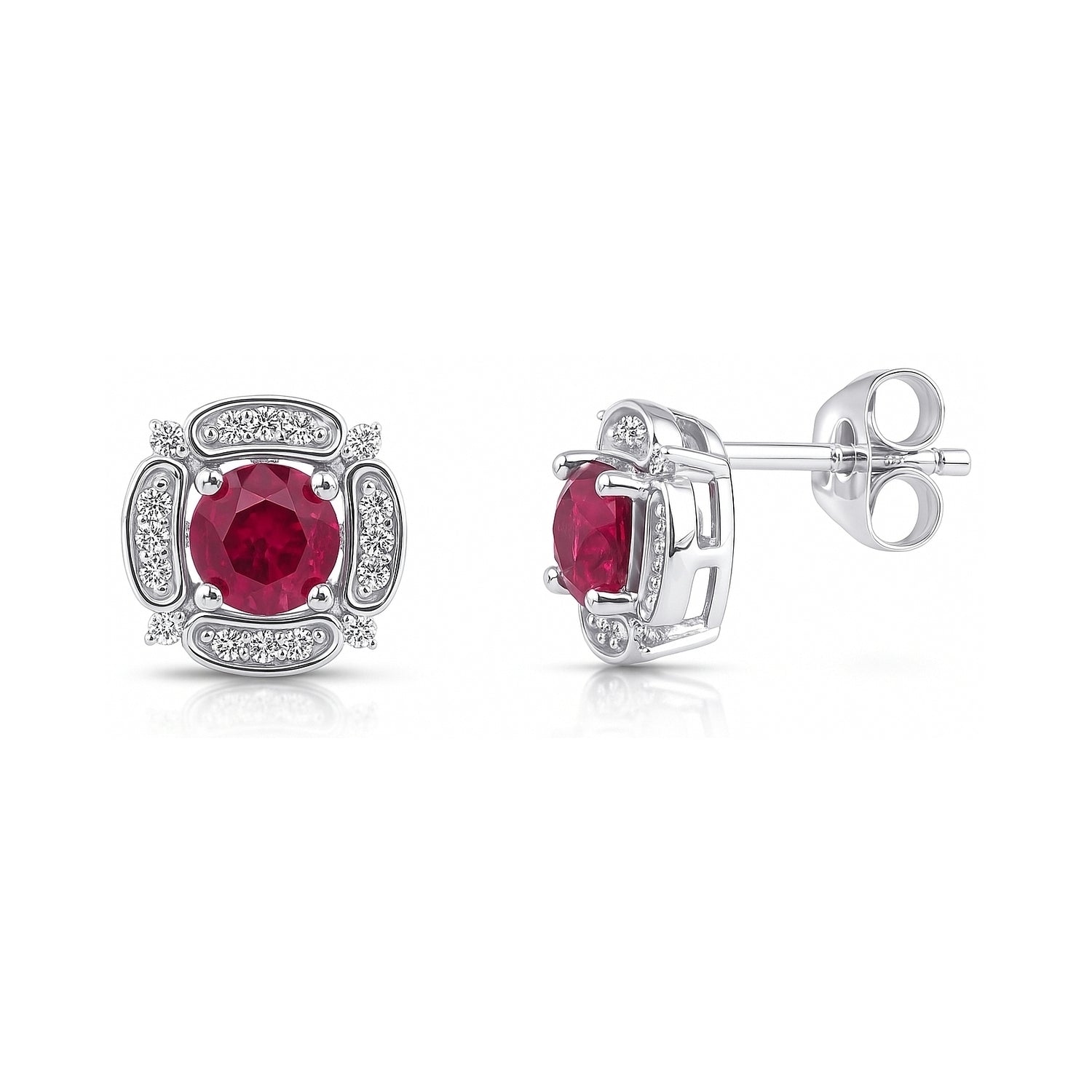 Flower Halo CZ Stud Earrings in Sterling Silver, Ruby Color