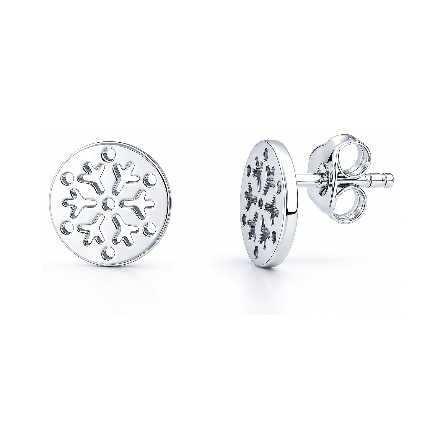 Snowflake Coin Stud Earrings in Sterling Silver, Rhodium Plated