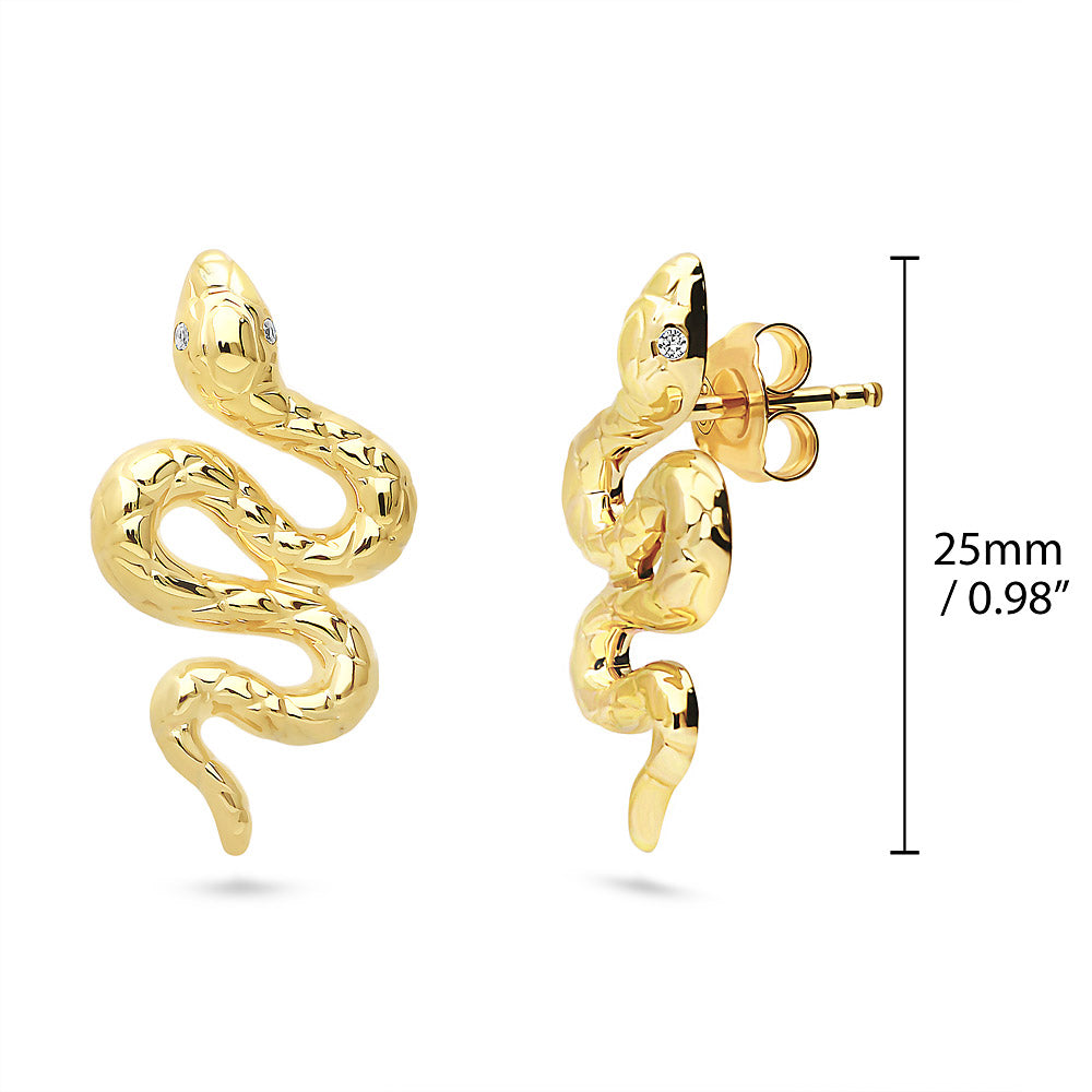 Front view of Snake CZ Stud Earrings in Sterling Silver, Yellow Gold Flashed
