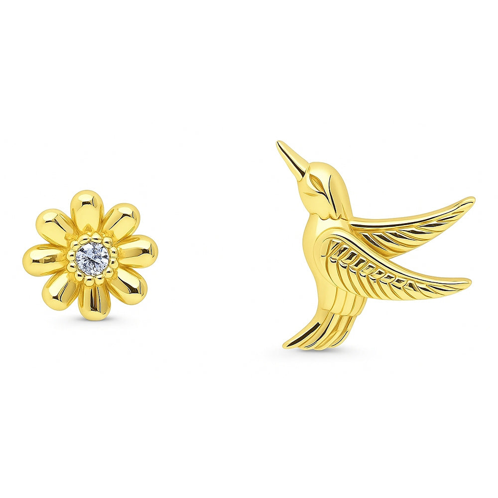 Hummingbird Flower CZ Stud Earrings in Sterling Silver, Gold Flashed