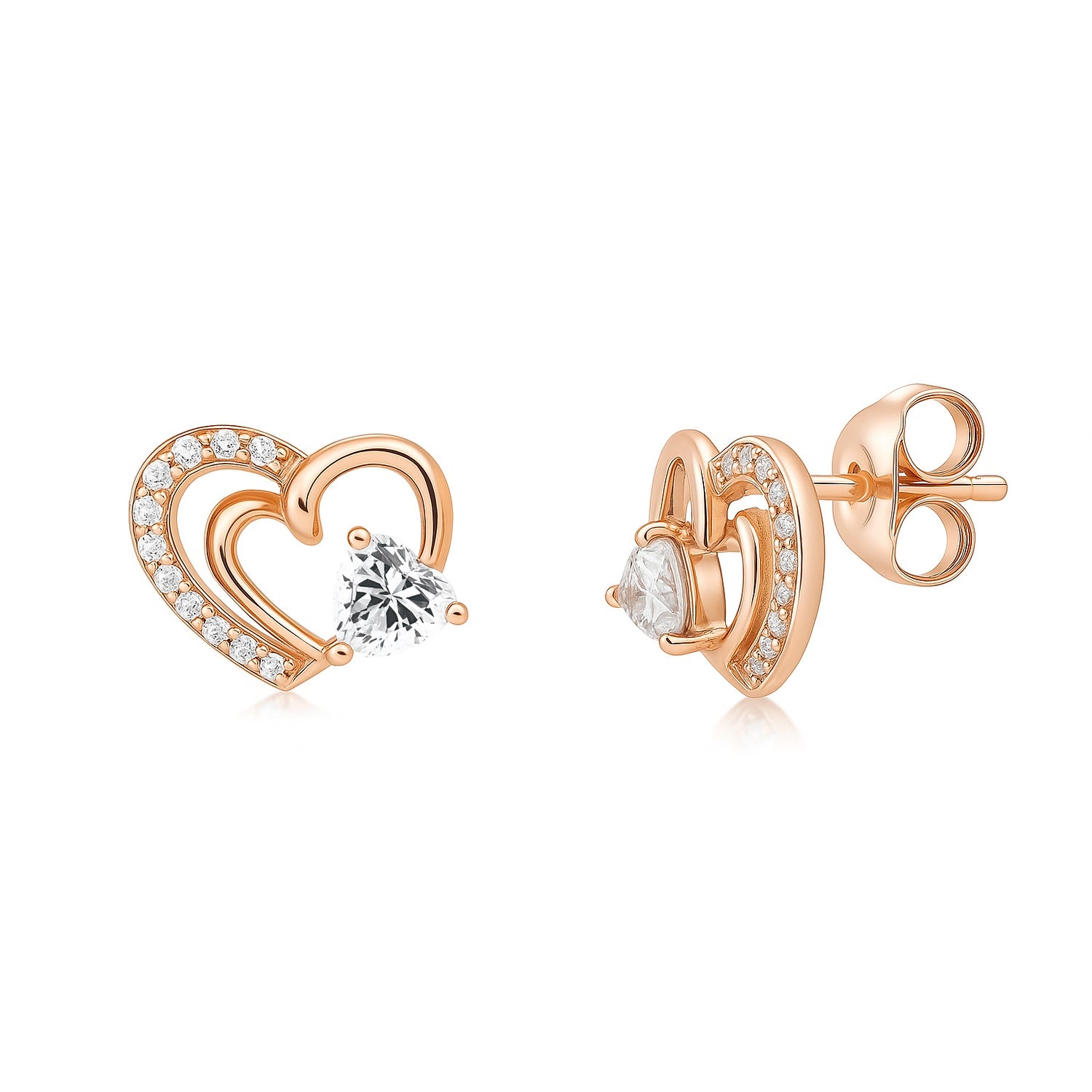 Open Heart CZ Stud Earrings in Sterling Silver, Rose Gold Flashed