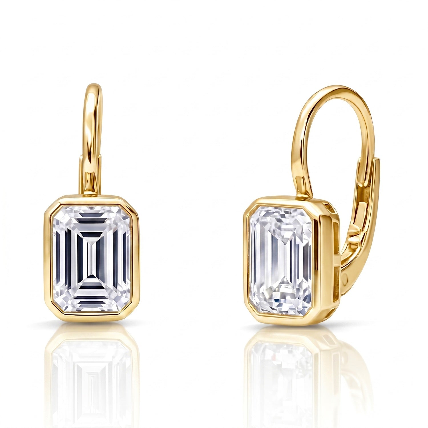 Solitaire Emerald Cut CZ Leverback Earrings in Sterling Silver, Gold Flashed