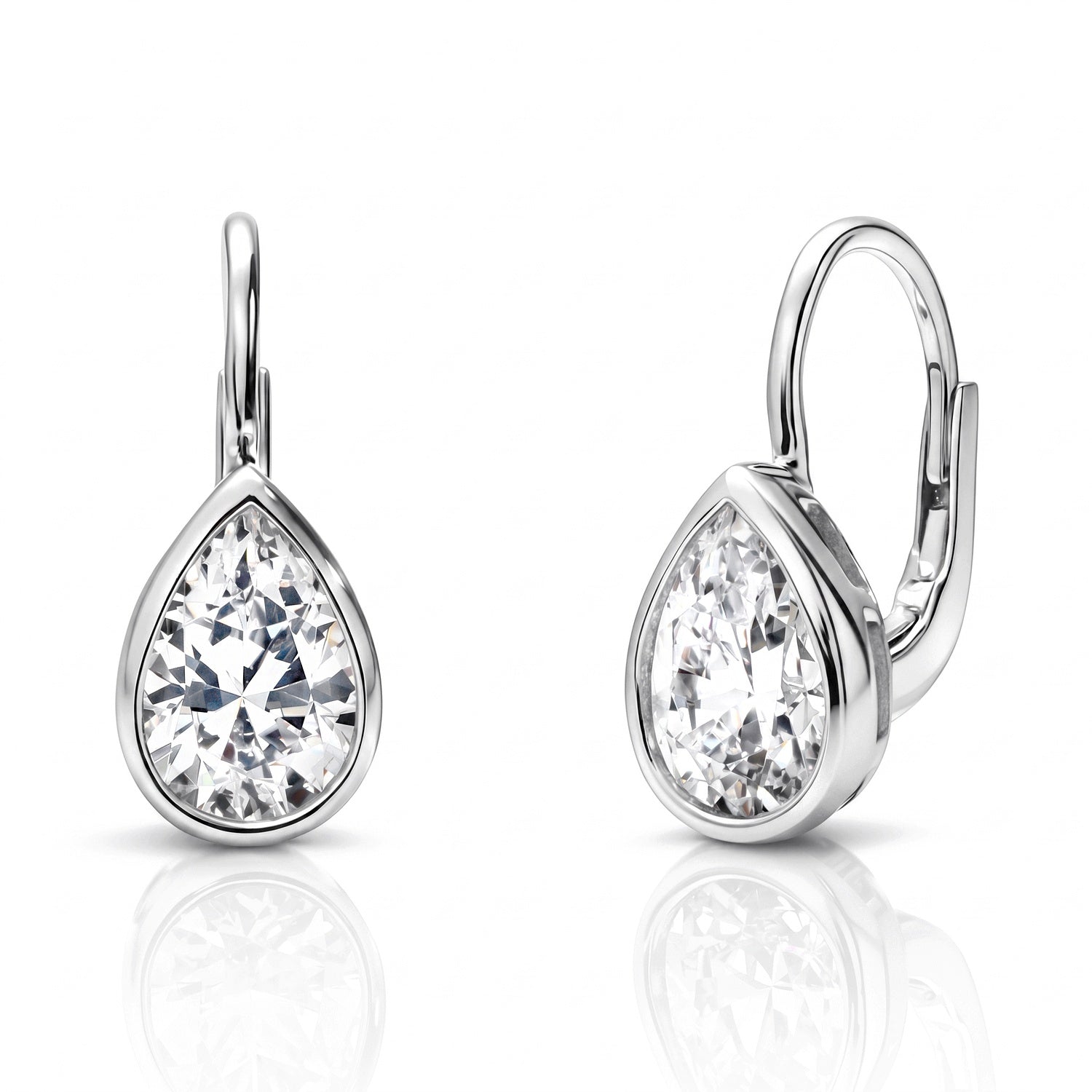 Solitaire 2.6ct Pear CZ Leverback Earrings in Sterling Silver, Rhodium Plated