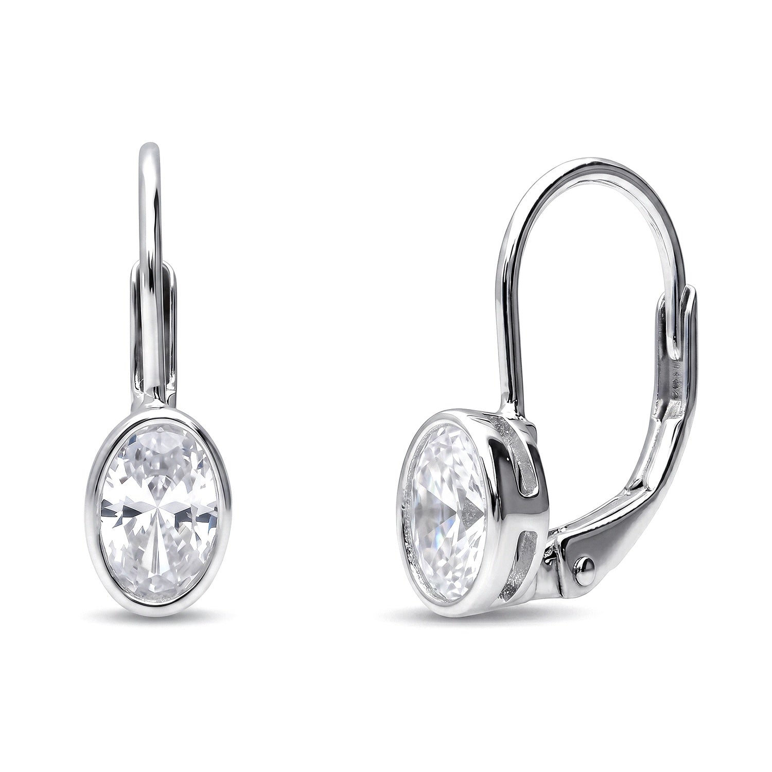 Solitaire Oval Oval CZ Leverback Earrings in Sterling Silver, Rhodium Plated