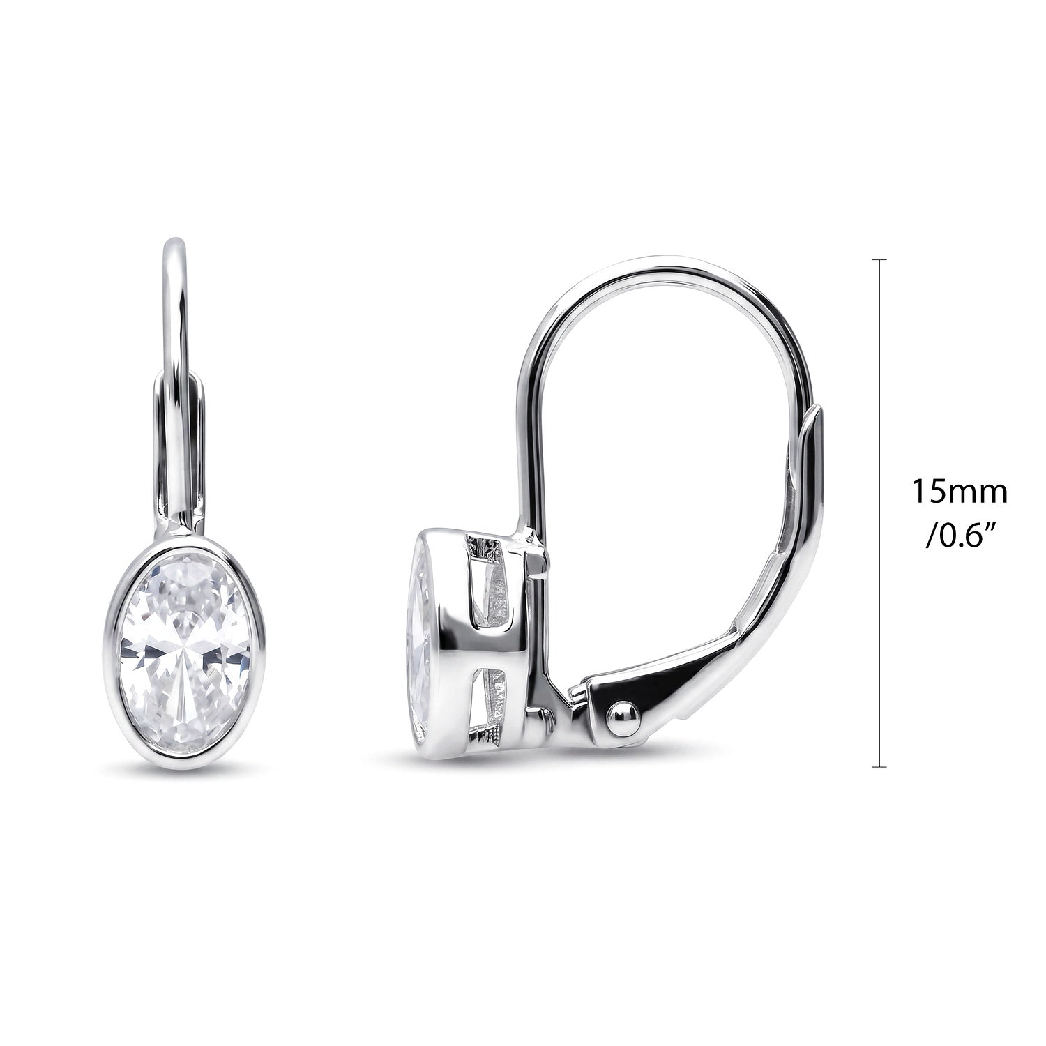 Solitaire Oval Oval CZ Leverback Earrings in Sterling Silver, Rhodium Plated