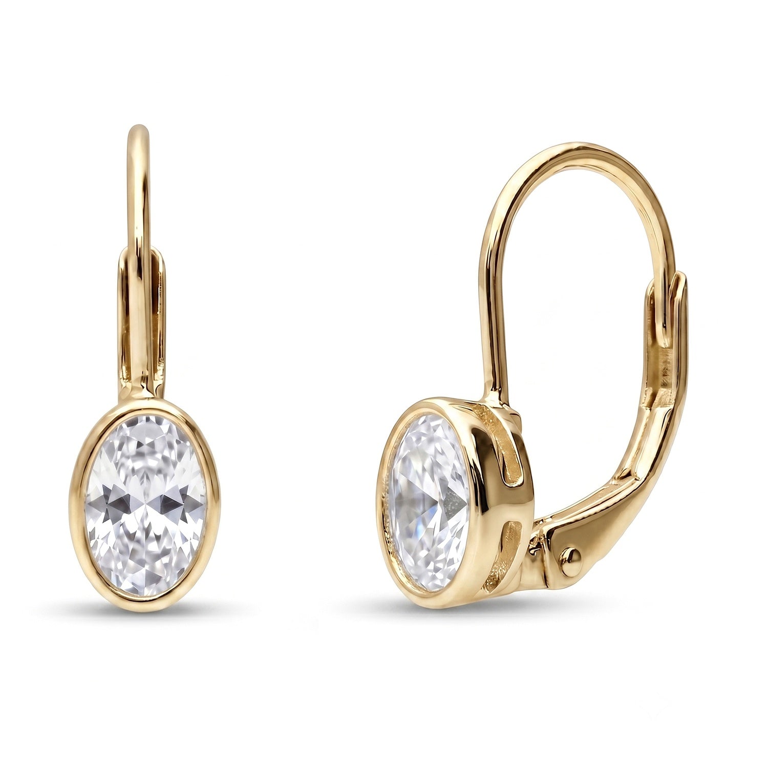 Solitaire Oval Oval CZ Leverback Earrings in Sterling Silver, Gold Flashed