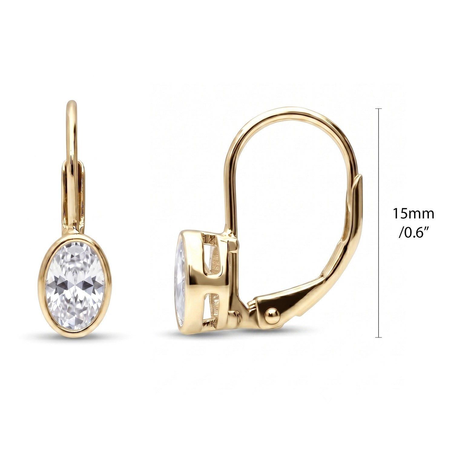 Solitaire Oval Oval CZ Leverback Earrings in Sterling Silver, Gold Flashed