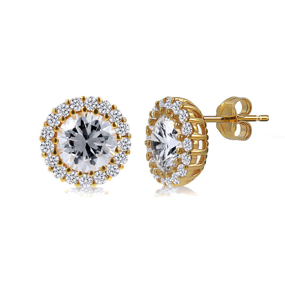 Halo CZ Stud Earrings in Gold Flashed Sterling Silver, Clear, Gold Flashed