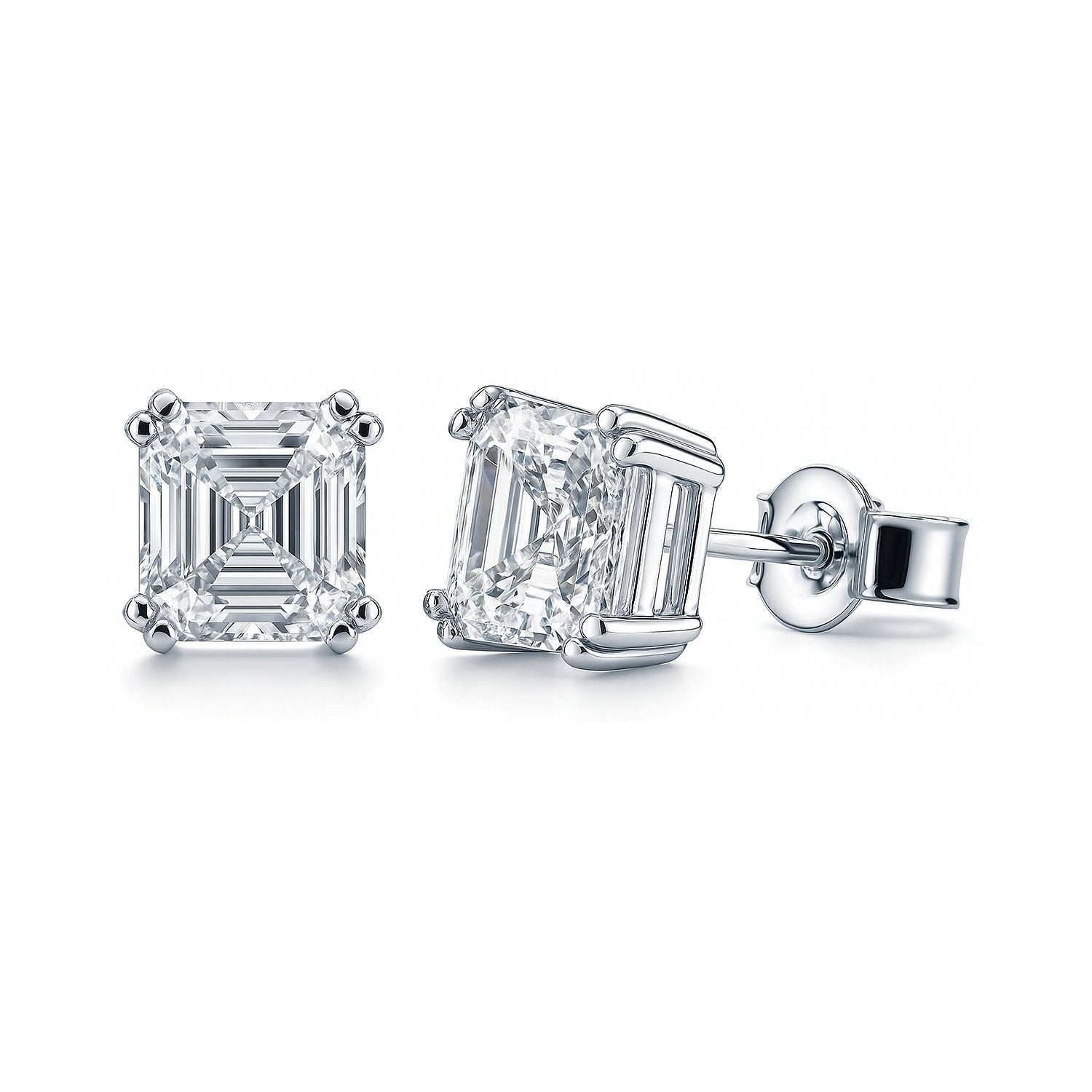 Solitaire Asscher CZ Stud Earrings in Sterling Silver, 5mm