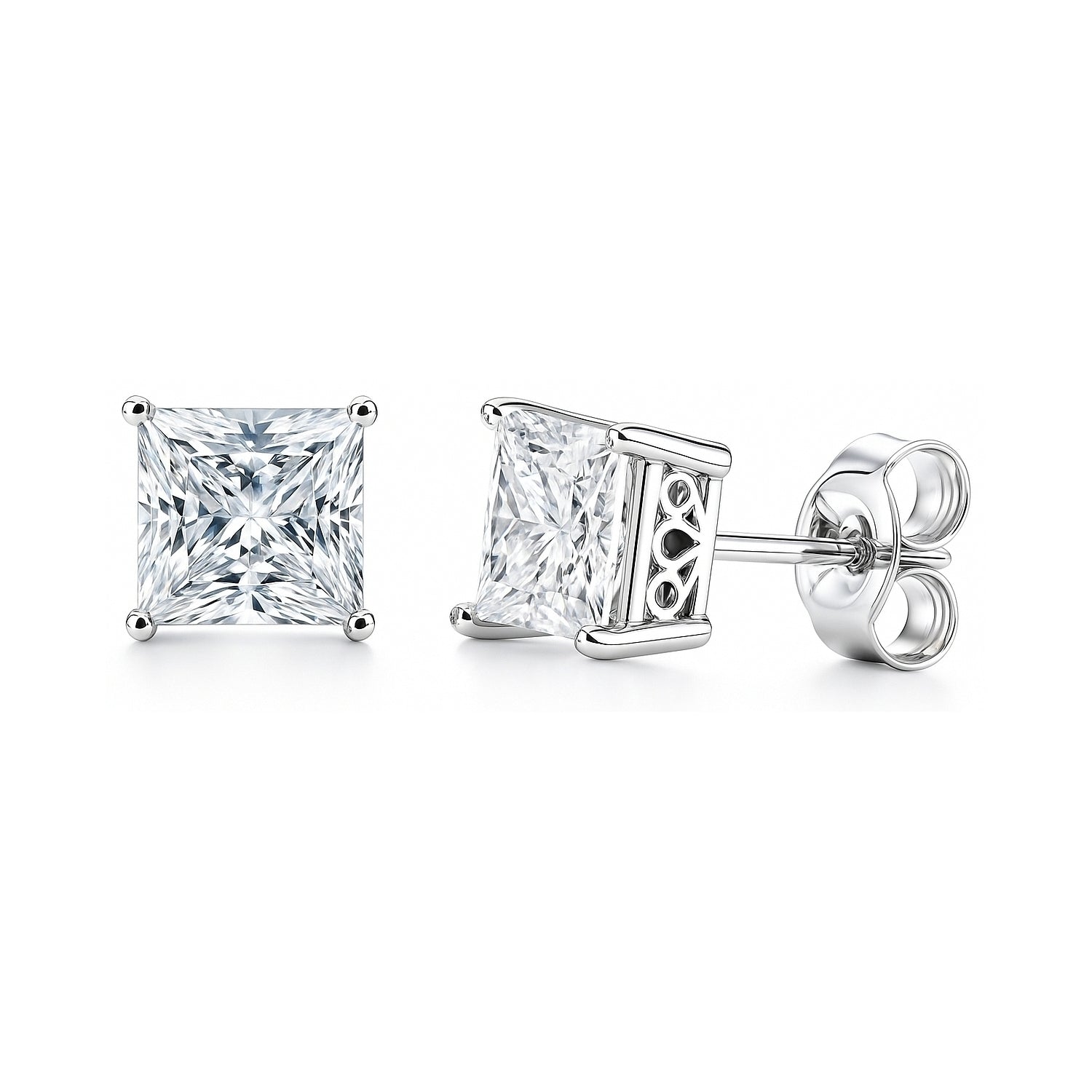 Solitaire Princess CZ Stud Earrings in Sterling Silver, 6mm