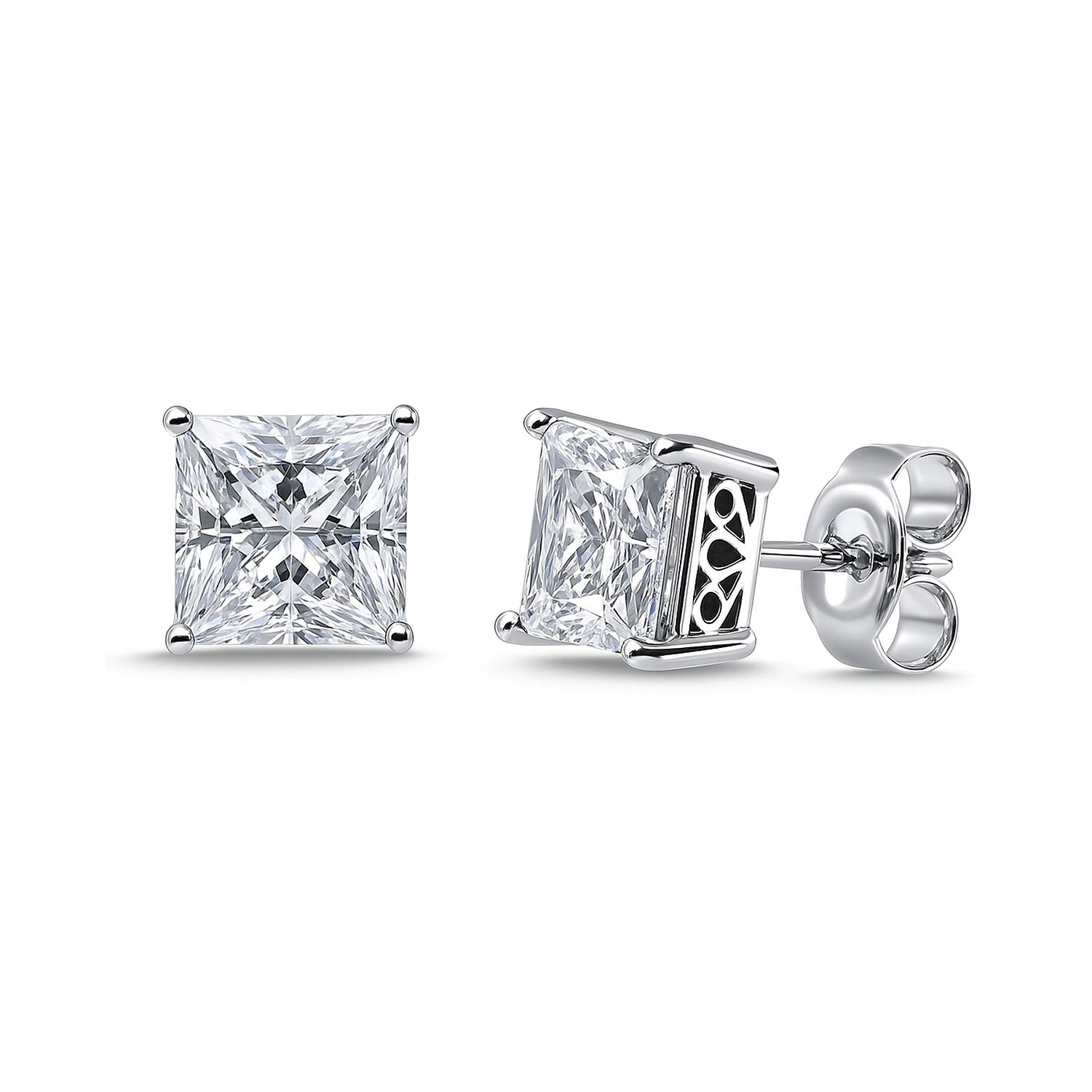 Solitaire Princess CZ Stud Earrings in Sterling Silver, 7mm