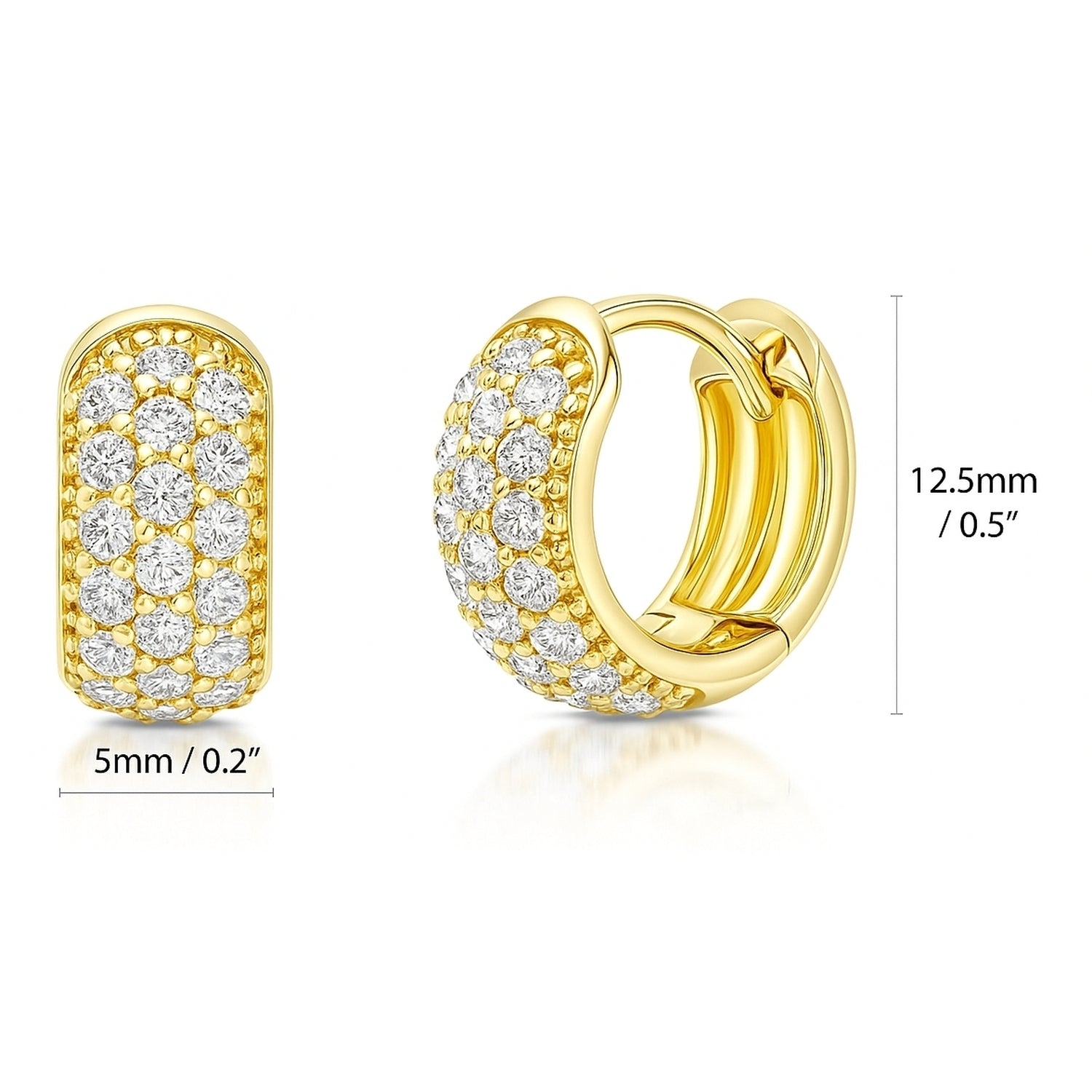 Dome CZ Mini Huggie Earrings in Sterling Silver 0.5 inch, Yellow Gold Flashed