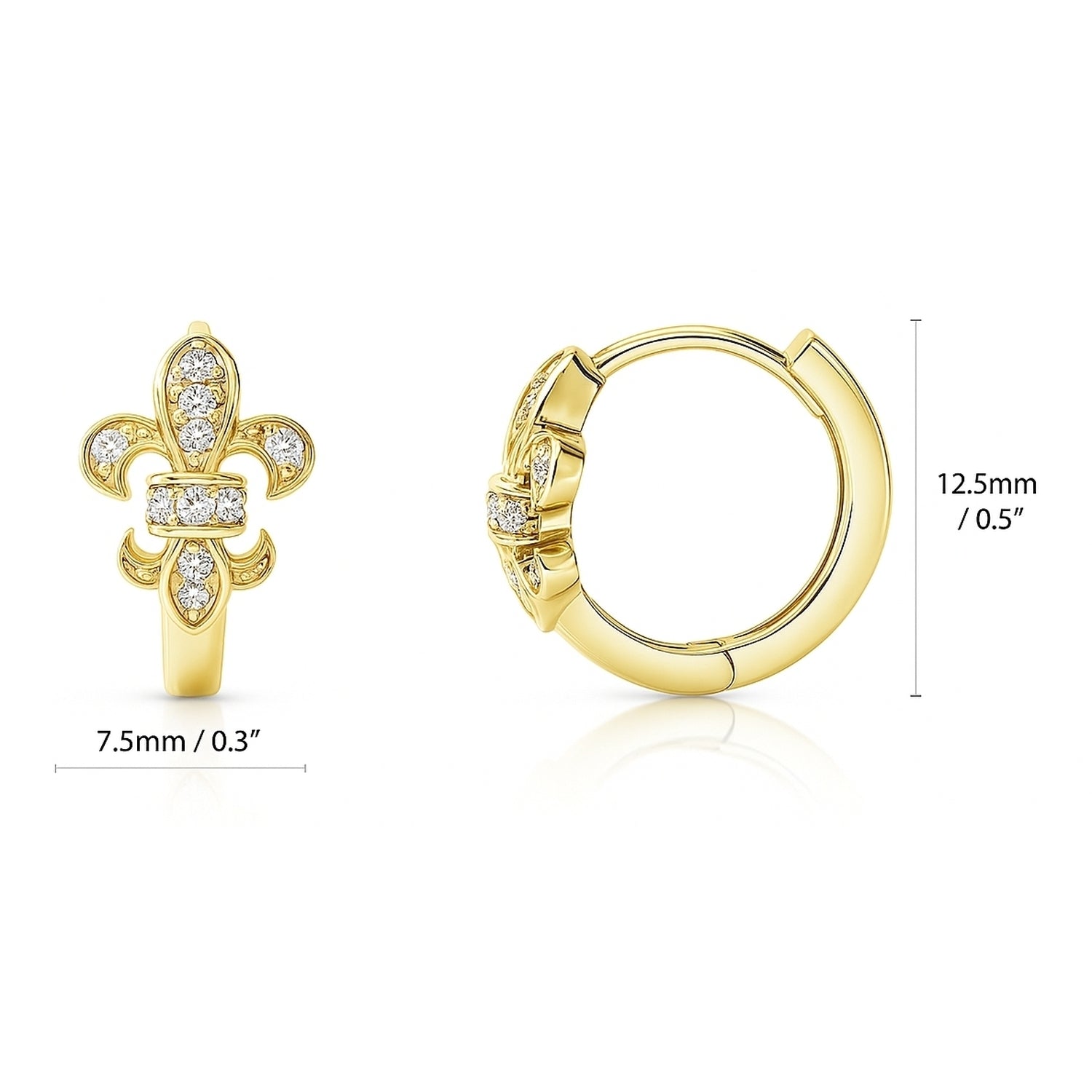 Fleur De Lis CZ Mini Huggie Earrings in Sterling Silver 0.5 inch, Yellow Gold Flashed