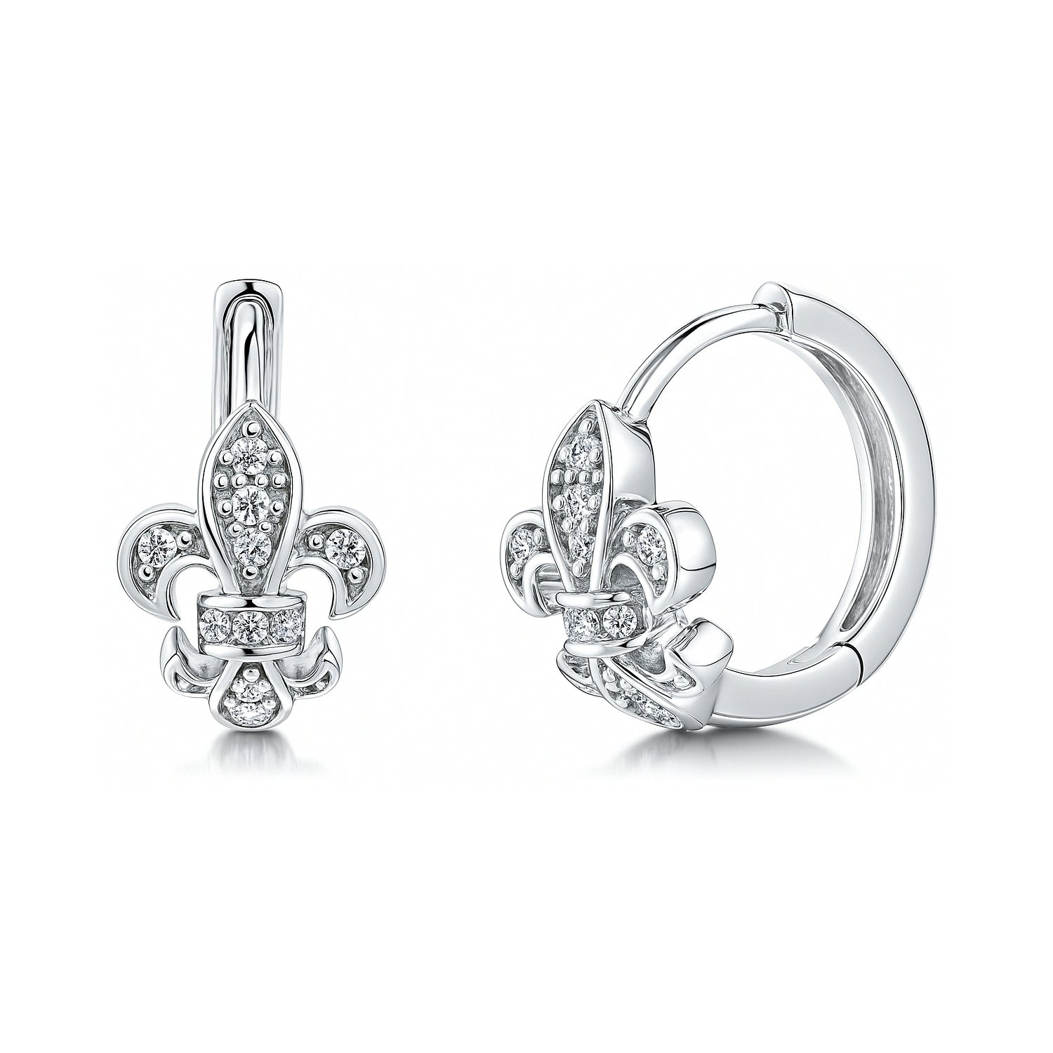 Fleur De Lis CZ Mini Huggie Earrings in Sterling Silver 0.5 inch, Rhodium Plated