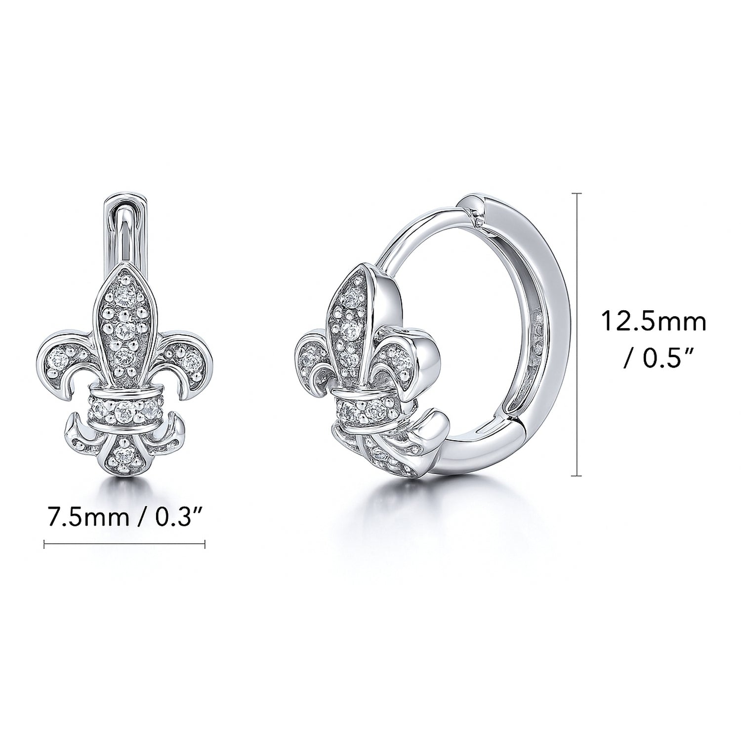 Fleur De Lis CZ Mini Huggie Earrings in Sterling Silver 0.5 inch, Rhodium Plated