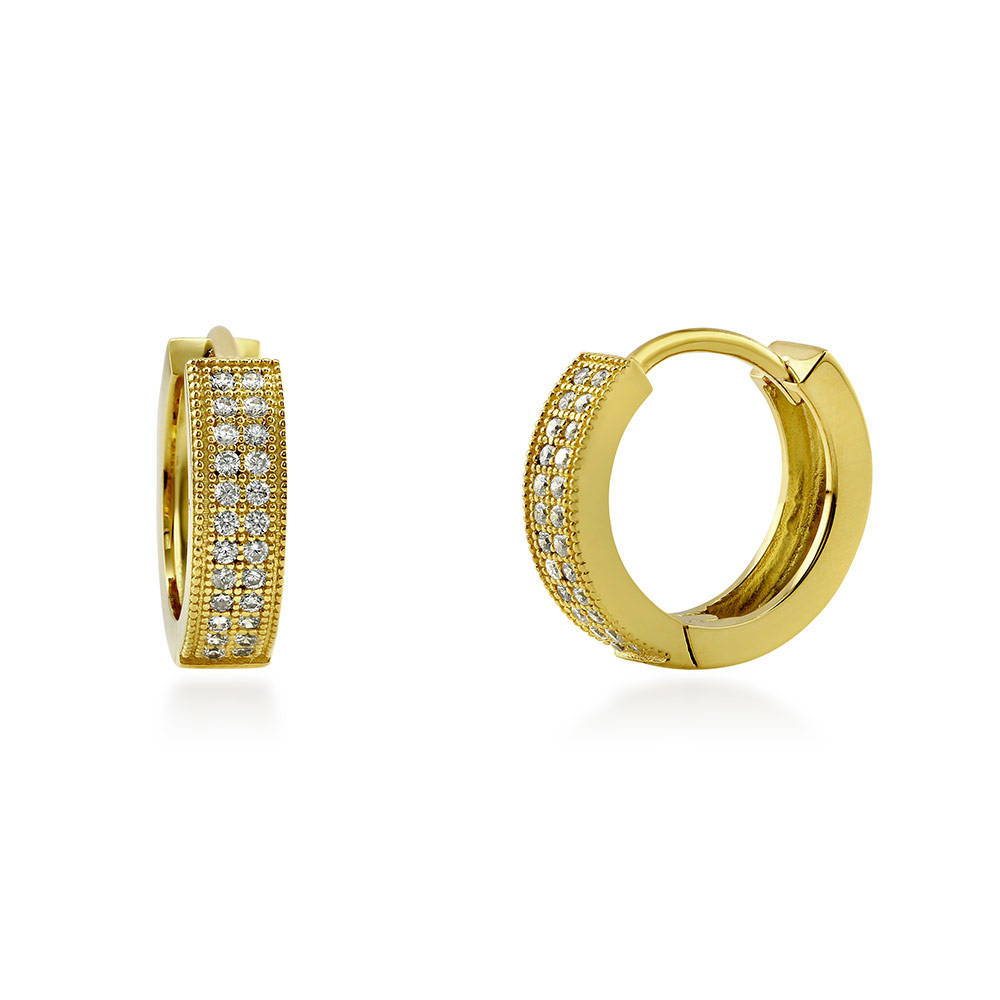 Milgrain CZ Small Huggie Earrings in Sterling Silver 0.6 inch, Yellow Gold Flashed