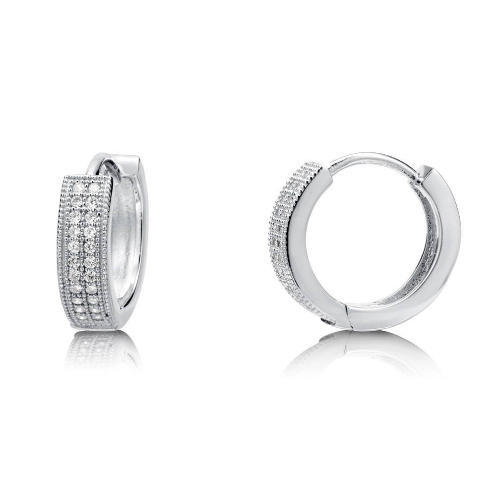 Milgrain CZ Small Huggie Earrings in Sterling Silver 0.6 inch, Rhodium Plated