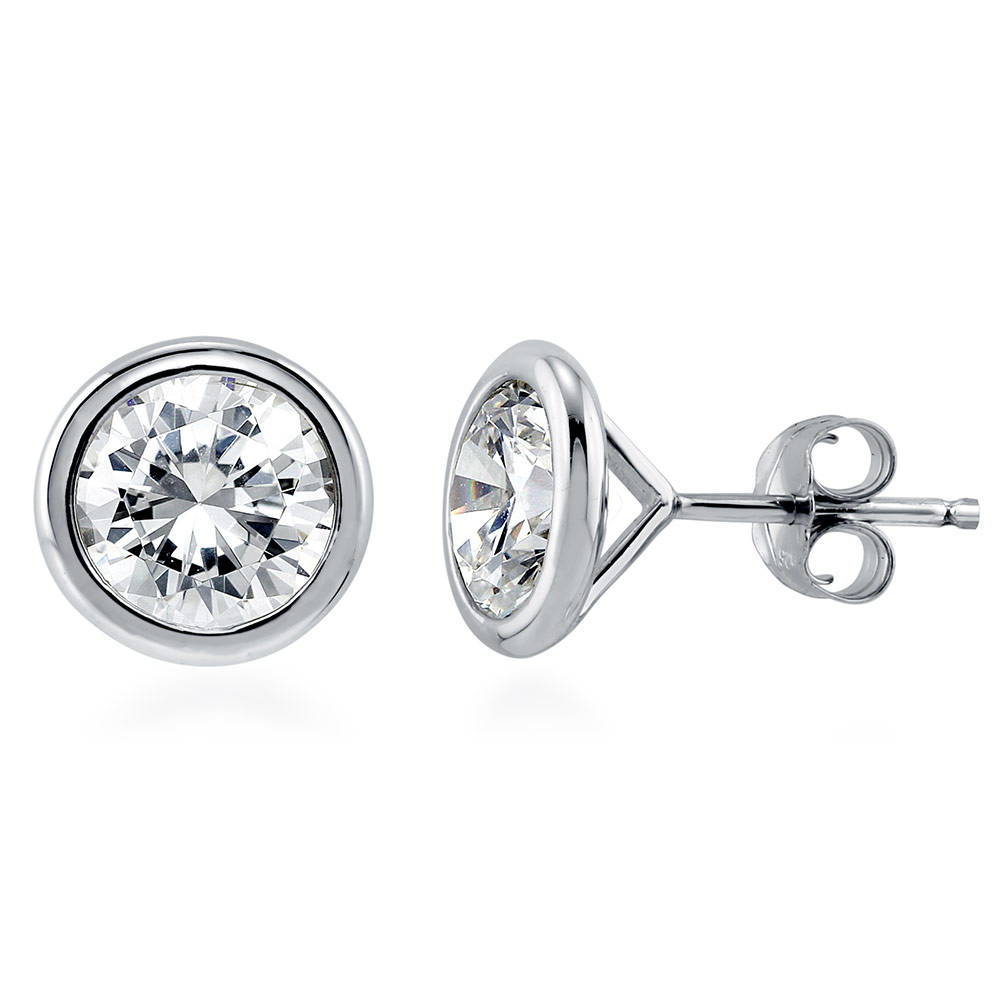 Solitaire Bezel CZ Stud Earrings in Gold Flashed Sterling Silver, Rhodium Plated, Clear / 5mm