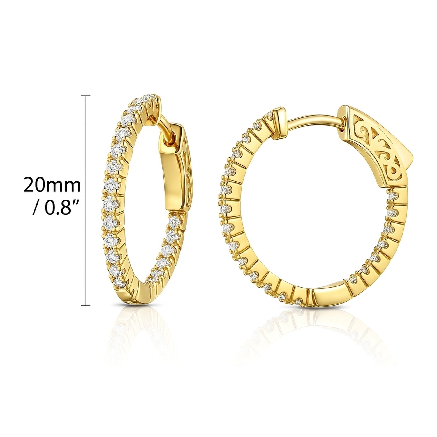 CZ Small Inside-Out Hoop Earrings in Sterling Silver 0.8 inch, Yellow Gold Flashed