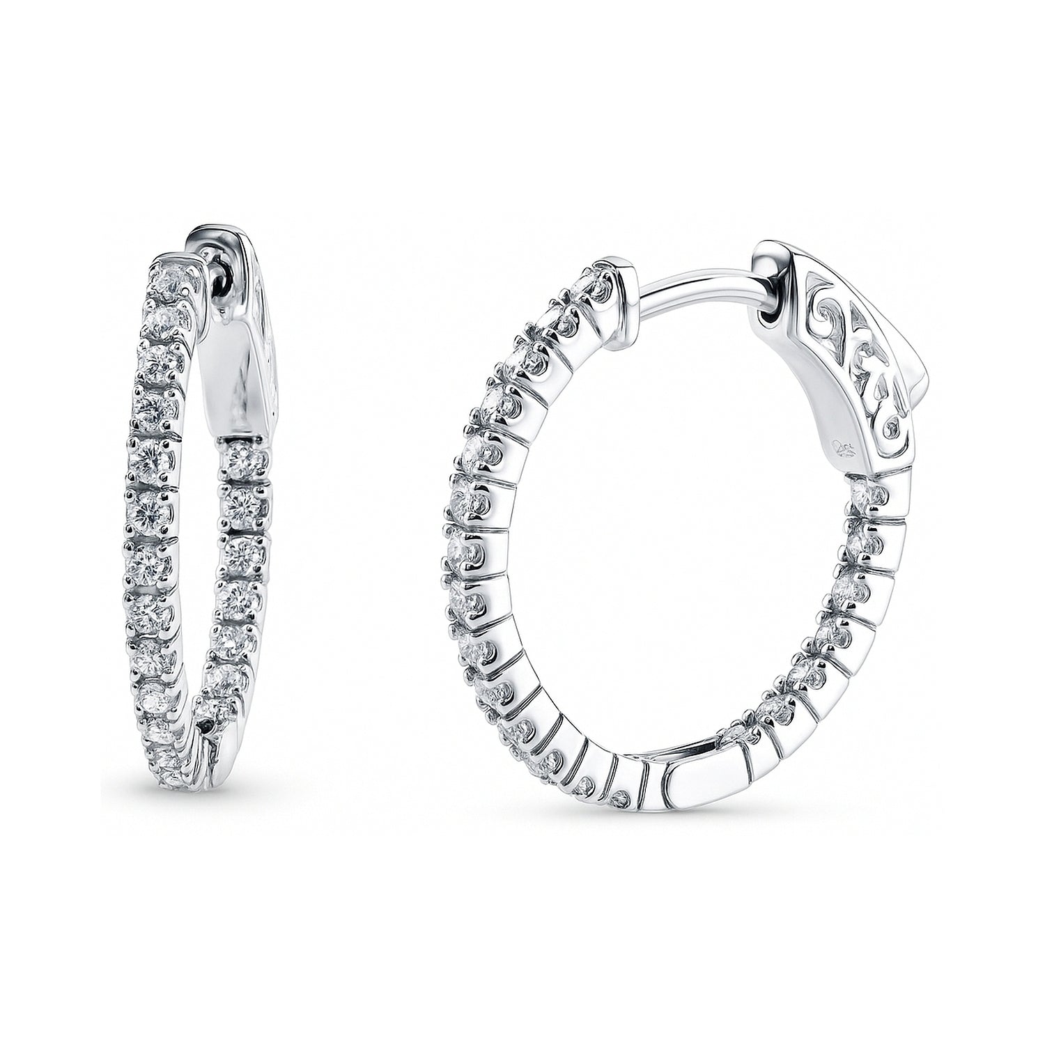 CZ Inside-Out Hoop Earrings in Sterling Silver 0.8", 2 Pairs