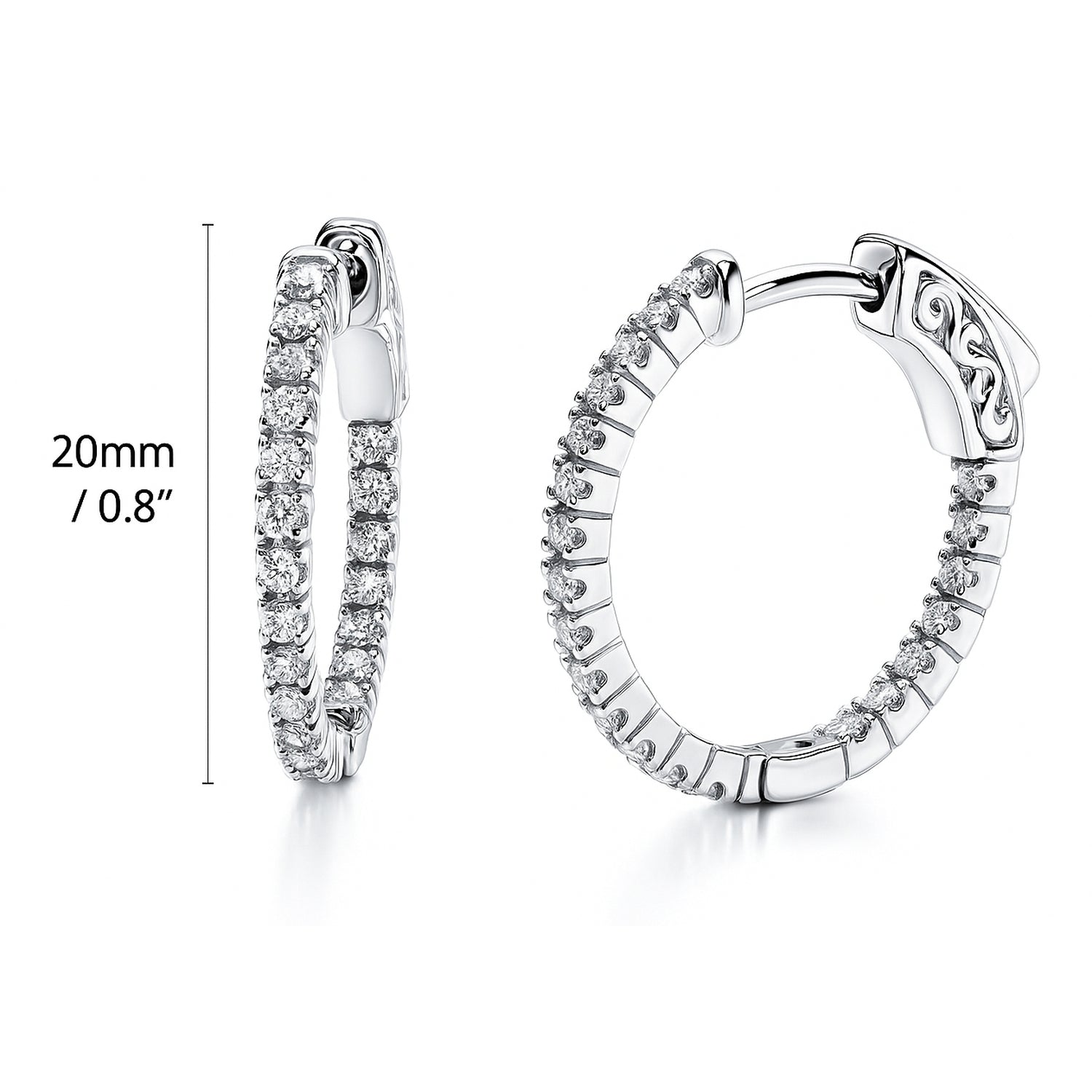 CZ Small Inside-Out Hoop Earrings in Sterling Silver 0.8 inch, Rhodium Plated