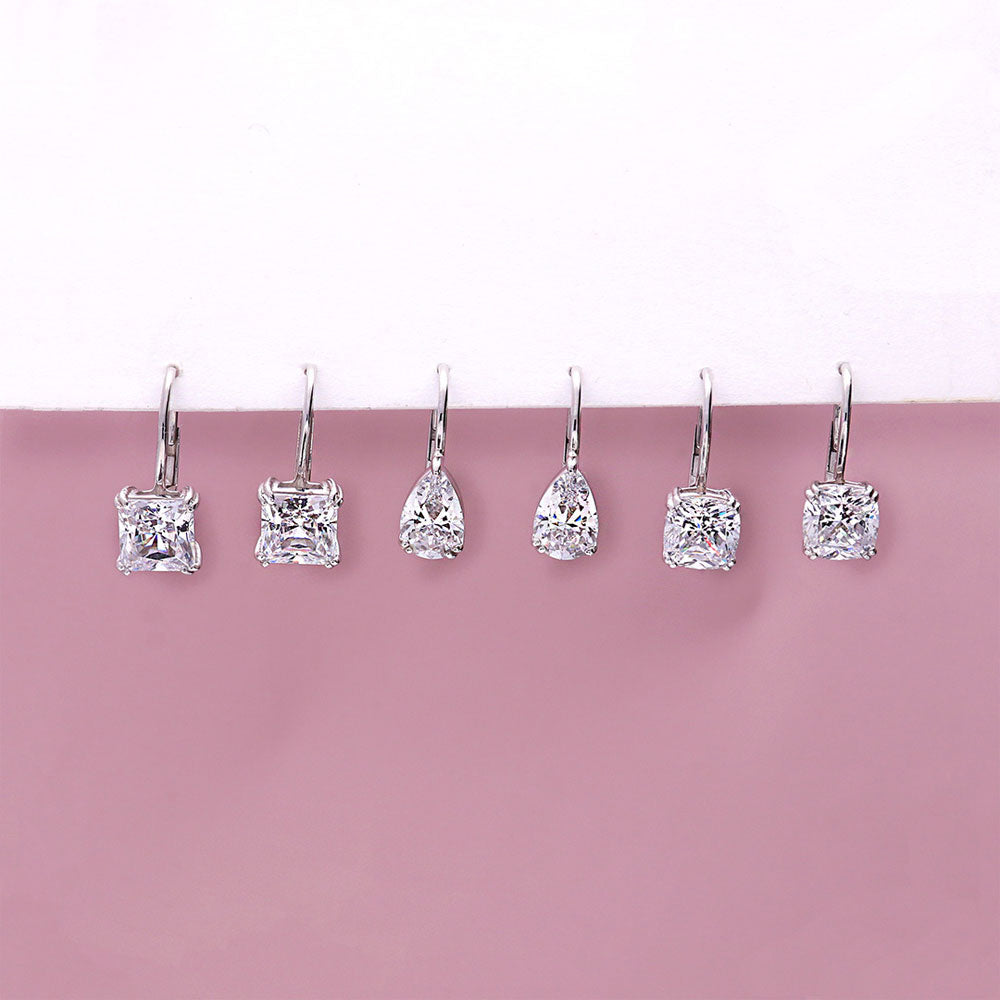 Flatlay view of Solitaire 4ct Princess CZ Leverback Earrings in Sterling Silver, Yellow Gold Flashed