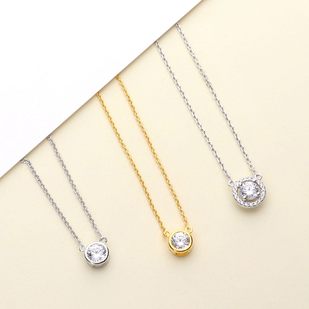 Flatlay view of Solitaire 0.45ct Bezel CZ Necklace in Sterling Silver, Yellow Gold Flashed