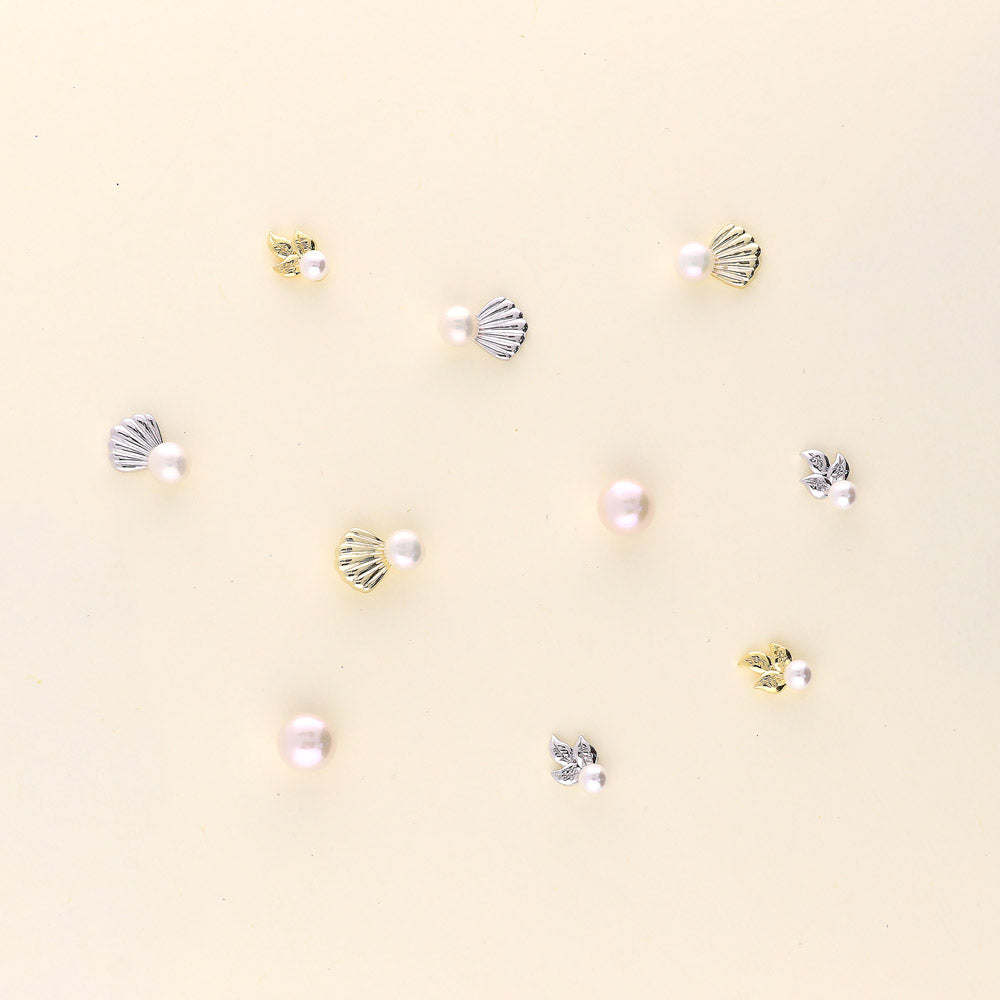 Flatlay view of Leaf Imitation Pearl Stud Earrings in Sterling Silver