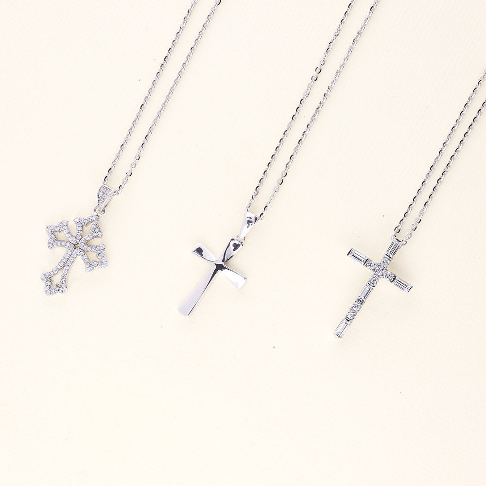 Flatlay view of Cross CZ Pendant Necklace in Sterling Silver