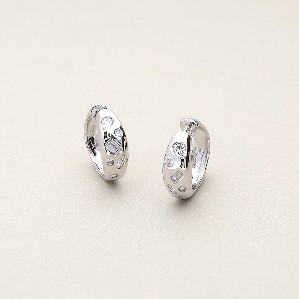 Dome CZ Medium Hoop Earrings in Sterling Silver 0.77"
