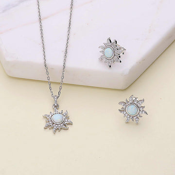 Halo Sun Simulated Opal Round CZ Set in Sterling Silver