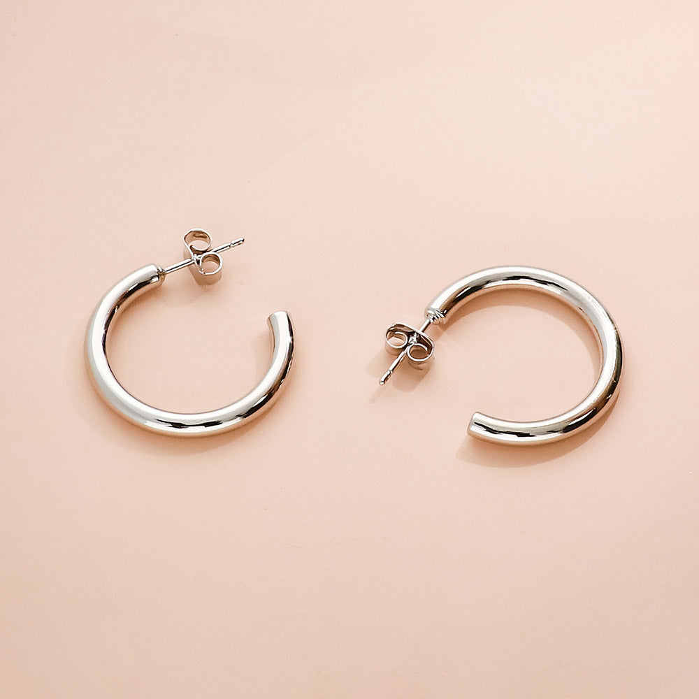 Flatlay view of Small Hoop Earrings, 1 inch, Silver-tone