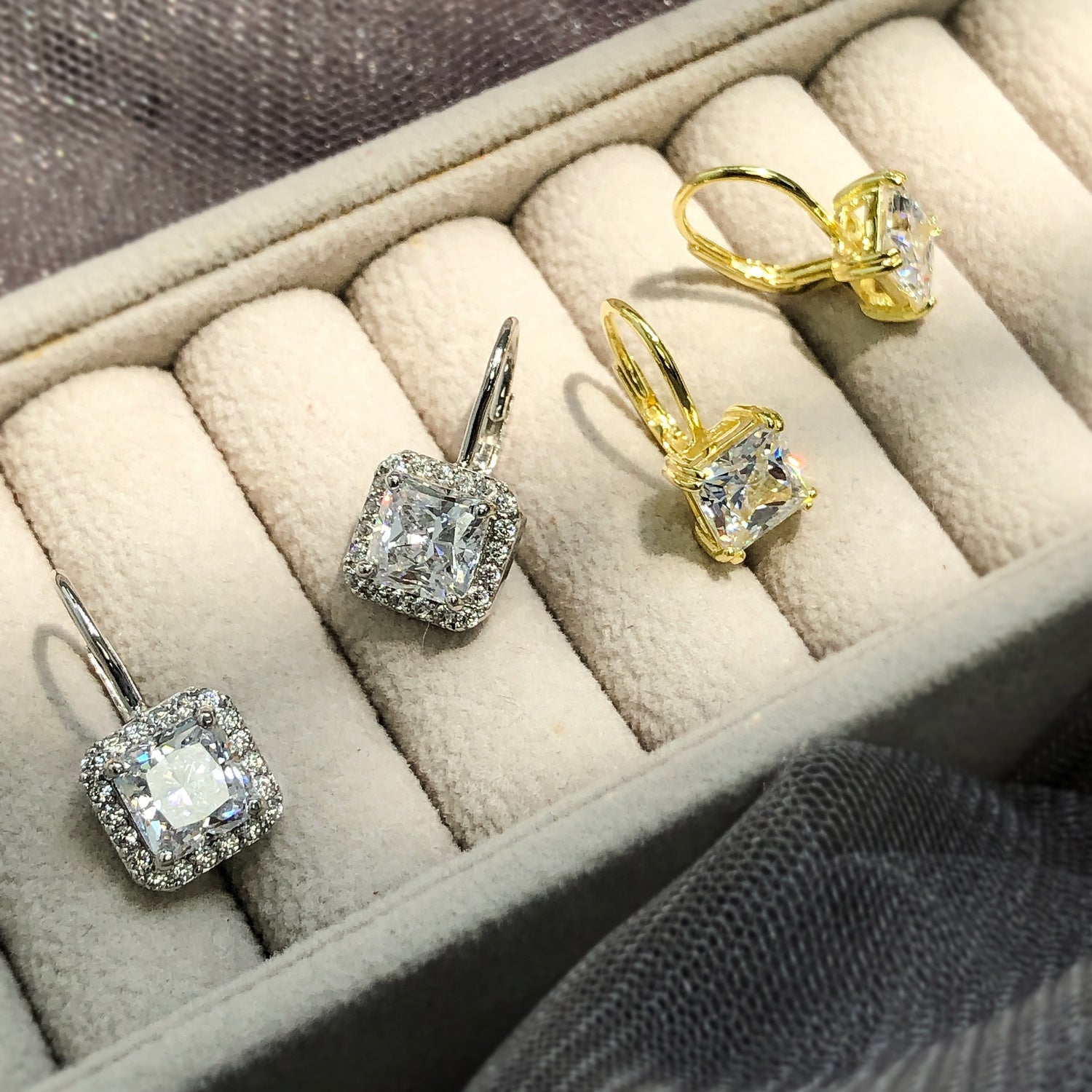 Halo Princess CZ Leverback Earrings in Sterling Silver
