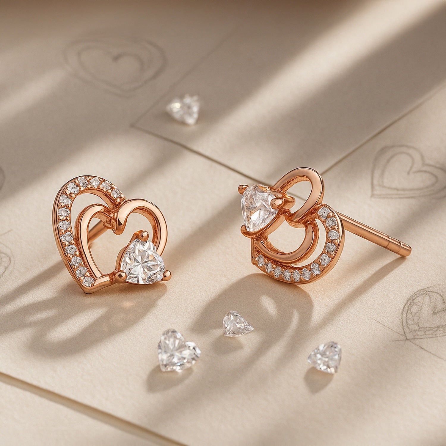Open Heart CZ Stud Earrings in Sterling Silver, Rose Gold Flashed