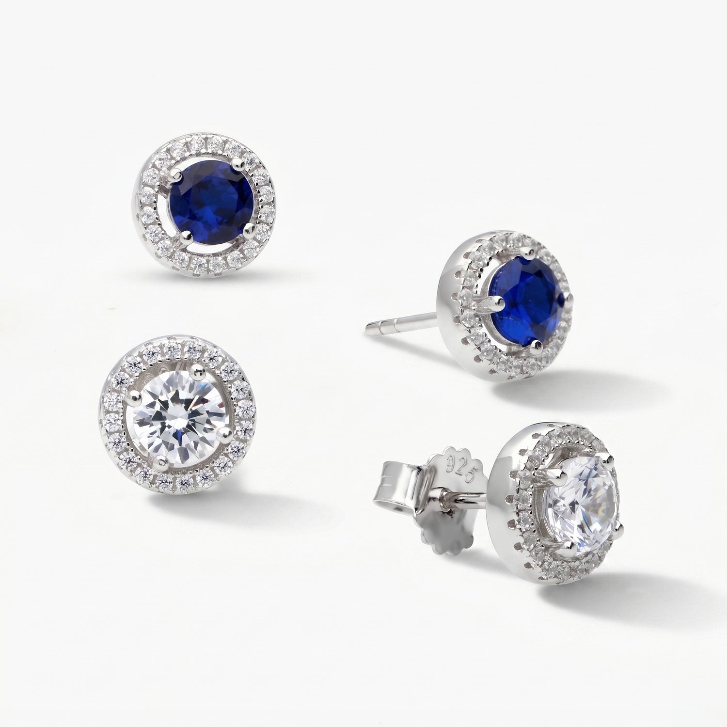 Halo CZ Stud Earrings in Sterling Silver, Sapphire Color