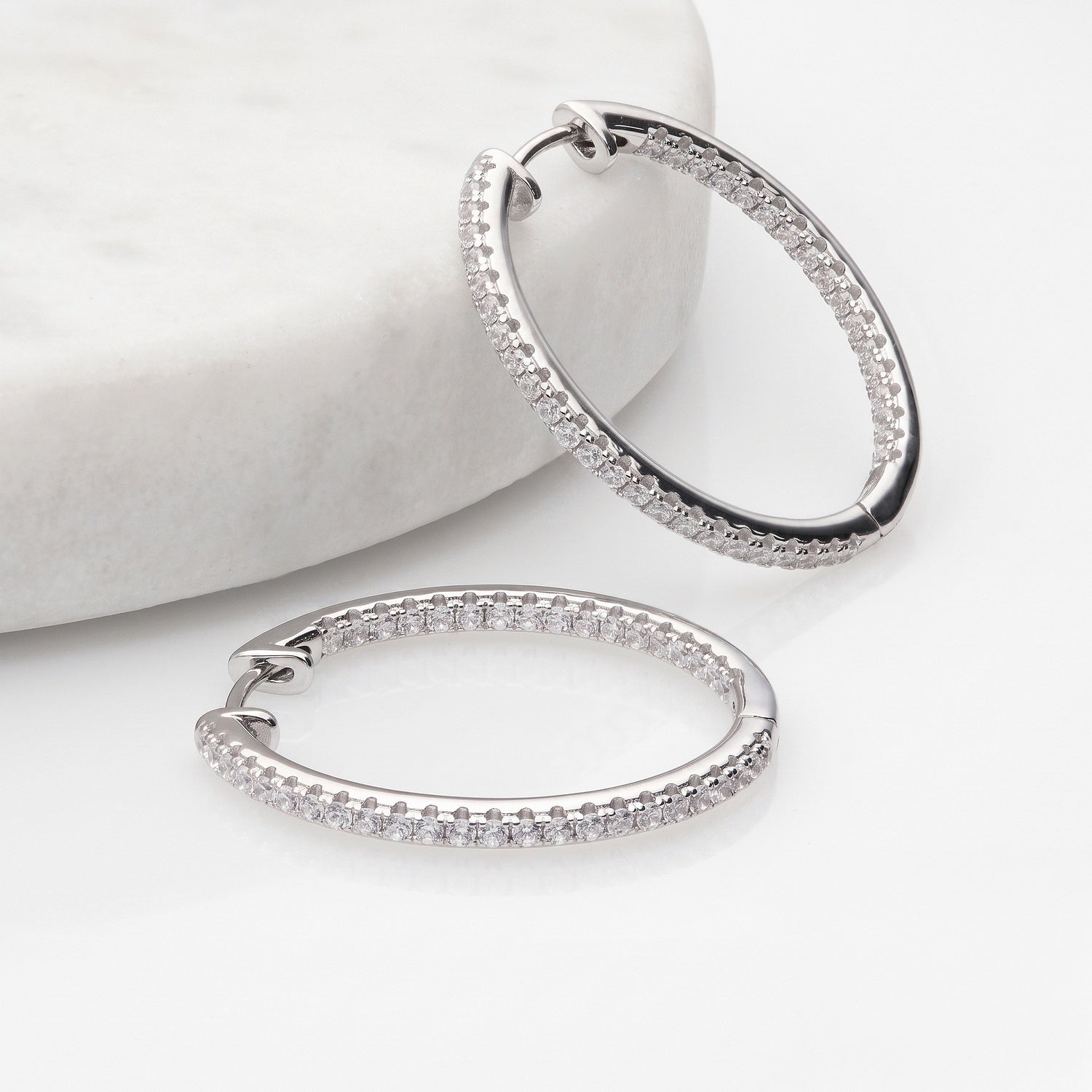 CZ Small Hoop Earrings in Sterling Silver, 1 inch