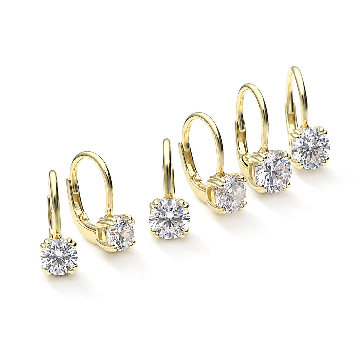 Front view of Solitaire CZ Leverback Earrings in Sterling Silver, Gold Plated / 5mm