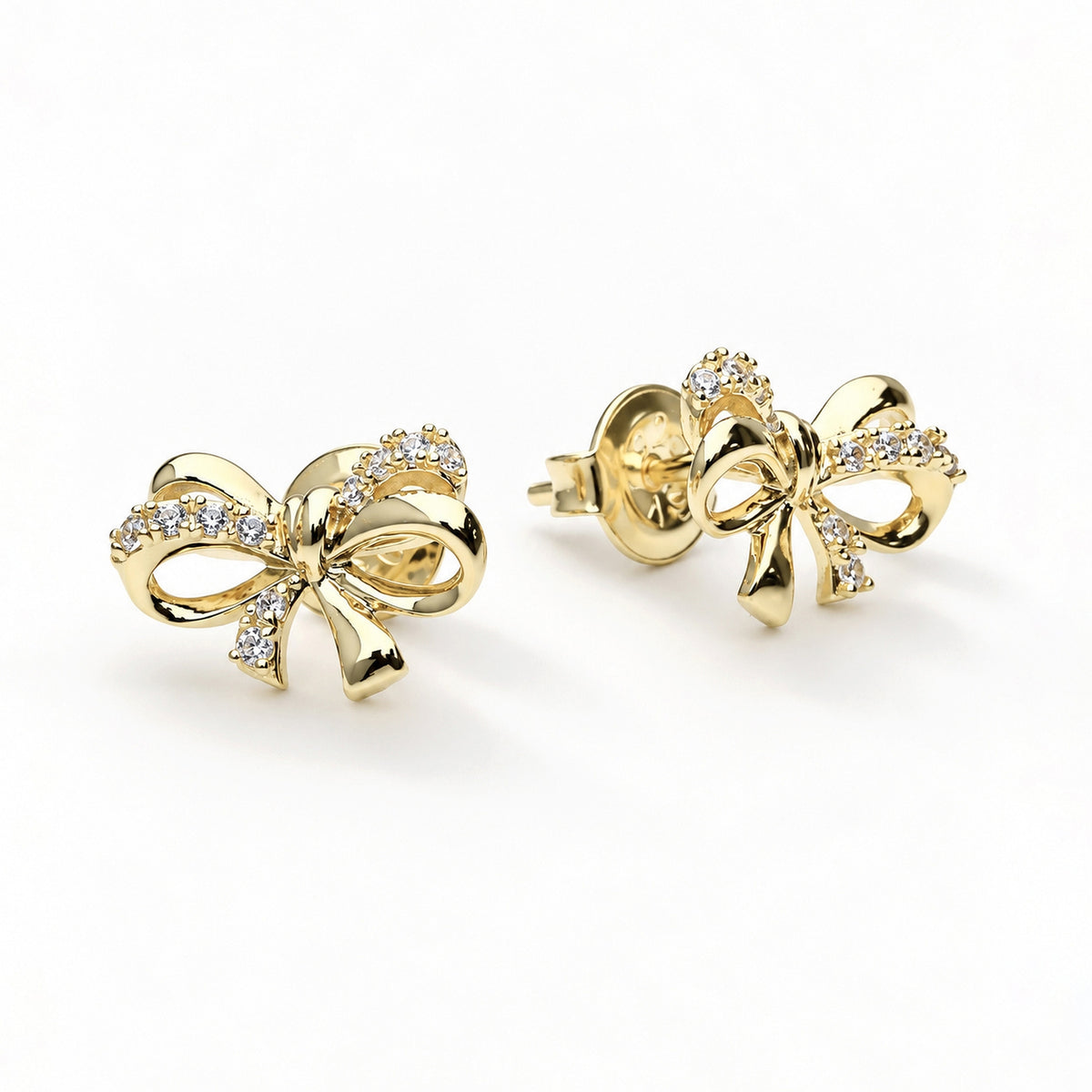 Bow Tie Ribbon CZ Stud Earrings in Gold Flashed Sterling Silver