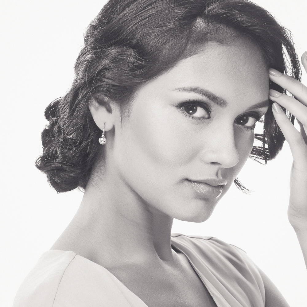 Model Wearing Ball Bead Dangle Earrings