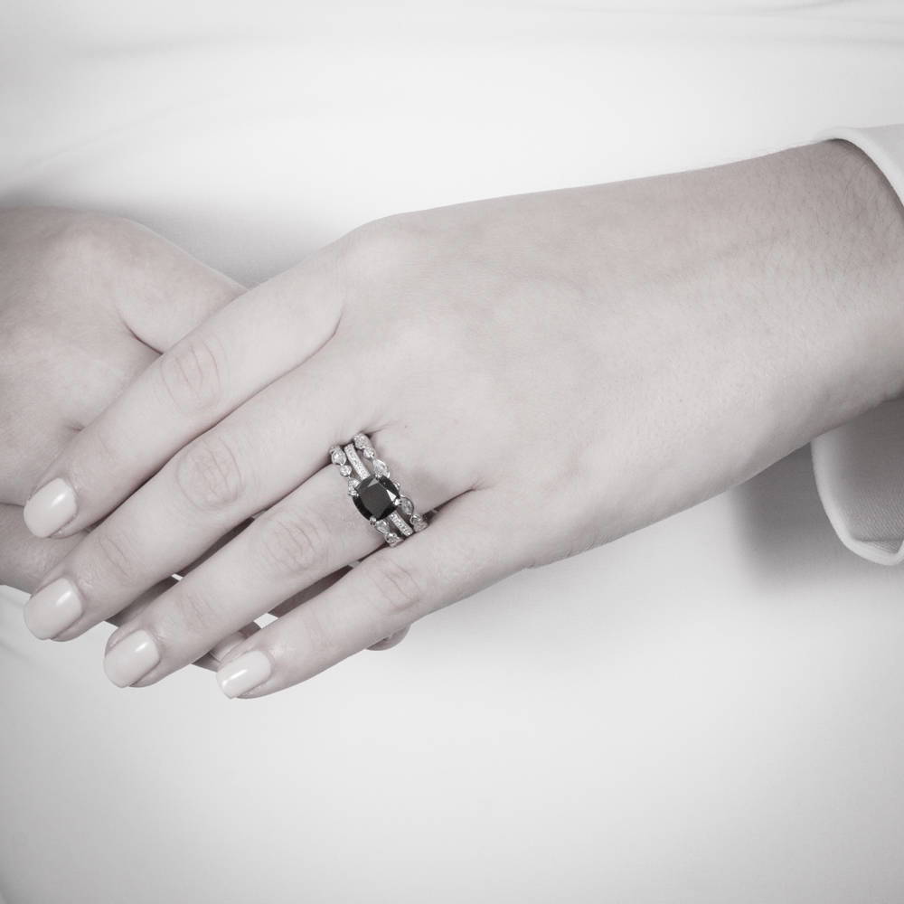 Solitaire 3ct Black Cushion CZ Ring in Sterling Silver