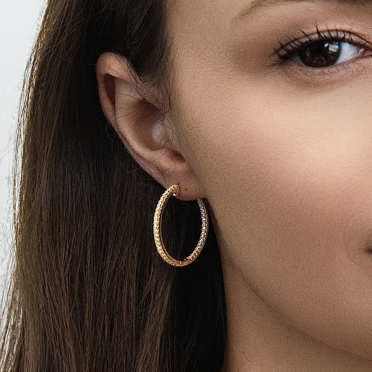 Model wearing CZ Hoop Earrings in Gold Flashed Sterling Silver 0.9-1 inch, 2 Pairs, 2-Pair Set, 1 inch