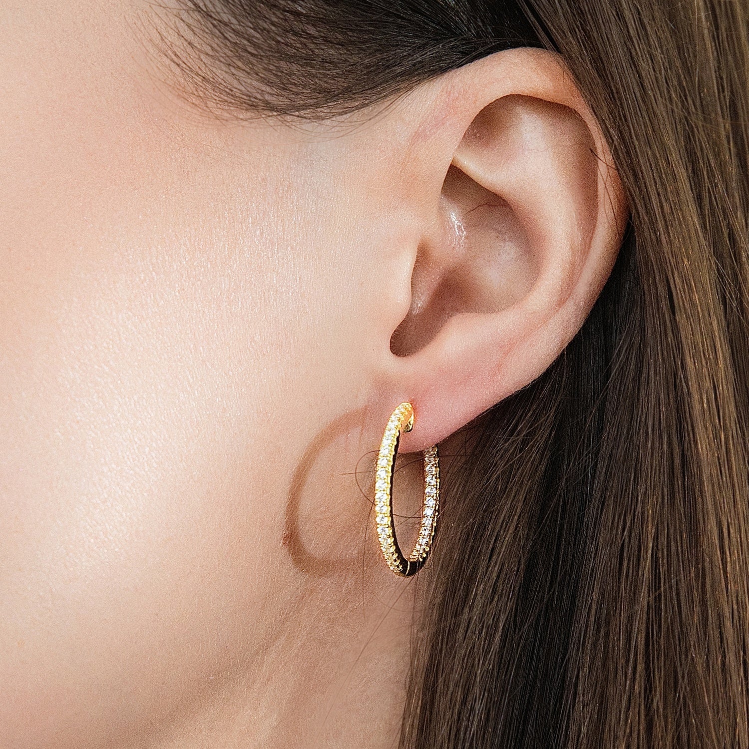 Model wearing CZ Hoop Earrings in Gold Flashed Sterling Silver 0.9-1 inch, 2 Pairs, 2-Pair Set, 0.9 inch