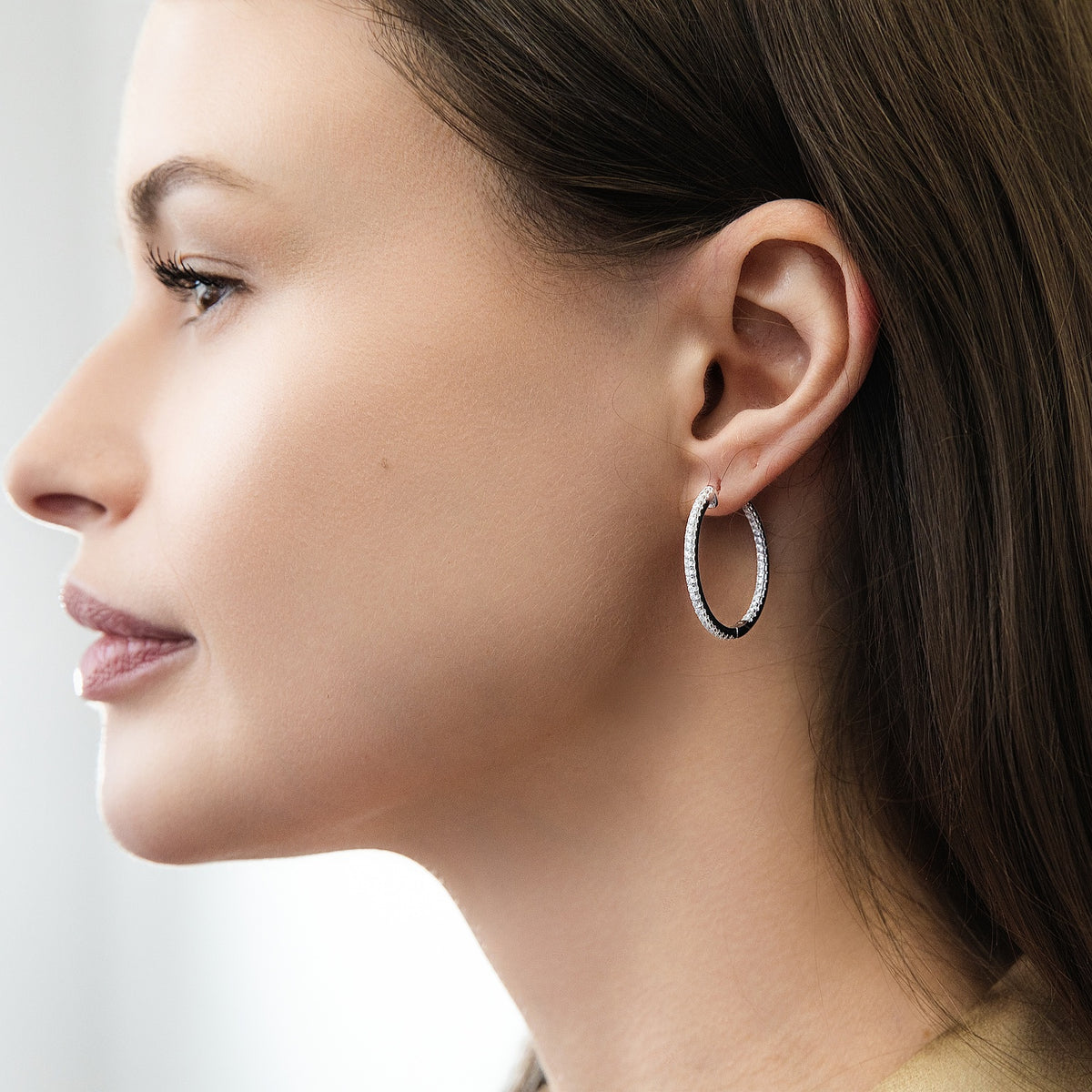 Model wearing CZ Hoop Earrings in Gold Flashed Sterling Silver 0.9-1 inch, 2 Pairs, 2-Pair Set, 1 inch