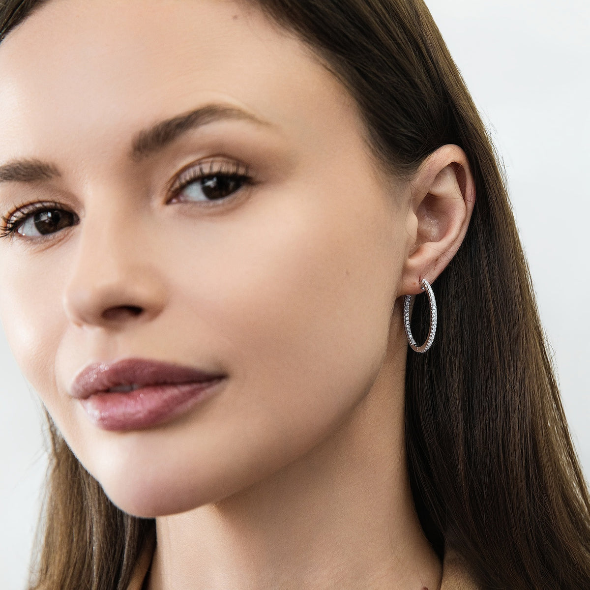 Model wearing CZ Hoop Earrings in Gold Flashed Sterling Silver 0.9-1 inch, 2 Pairs, 2-Pair Set, 1 inch